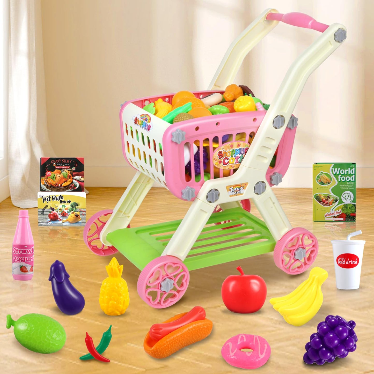 Toddler Shopping Cart - 2 in 1 Toy Grocery Cart for Kids with Pretend Play Food Toys for Girl, 72pcs Toy Shopping Cart Paly Money, Gift for 3 4 5 6 Year Old Girl Boy