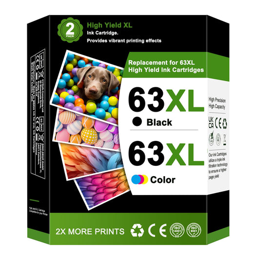 63XL 63 Ink Cartridge Combo Pack-High Yield Replacement for HP Ink 63 63XL Ink Cartridges for Printers Deskjet 1112 2130 2132 Officejet 3830 4650 4655 Envy 4520 4522 4520 Printer(1Black/1Tri-color)