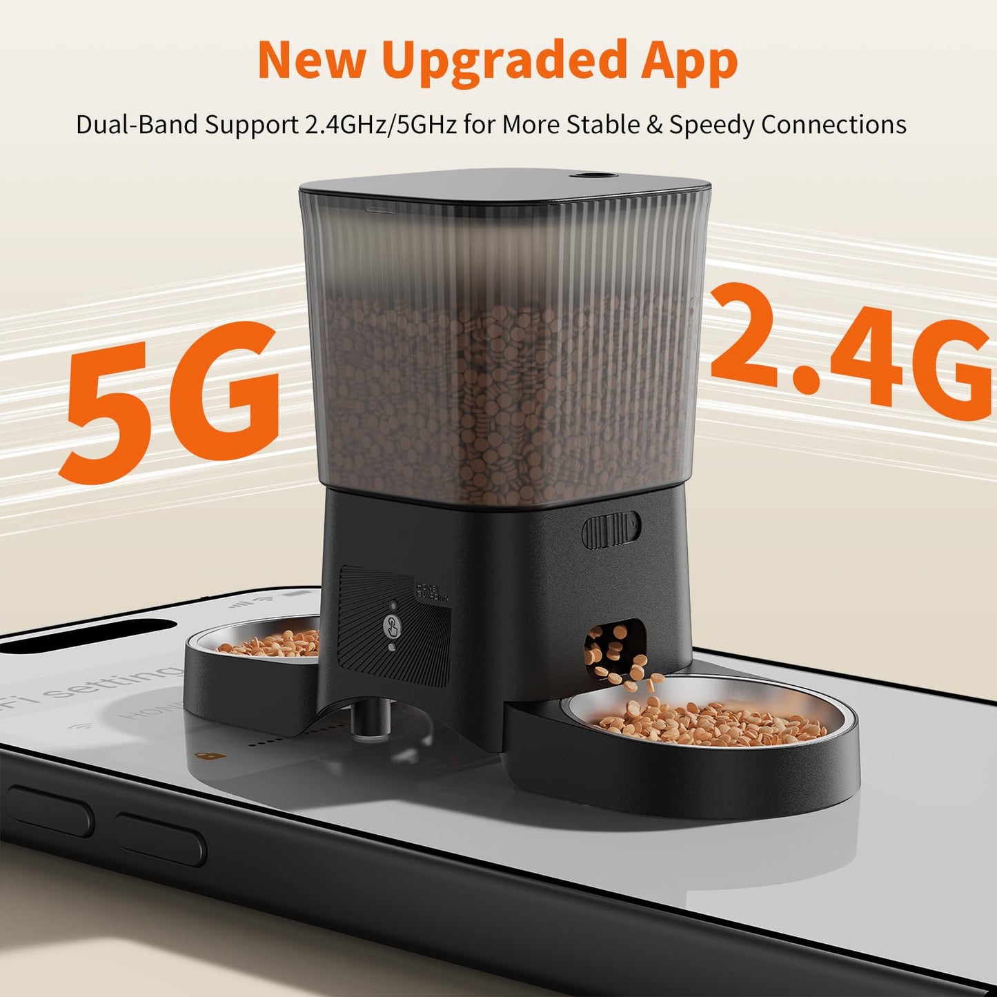 HoneyGuaridan Automatic Cat Feeder with 2.4G/5G WiFi,3.5L Cat Food Dispenser with APP Control – Includes 2 Stainless Steel Bowls & 2 Slow Feeder Anti-Choking Bowls, Four Anti-Slip Feet