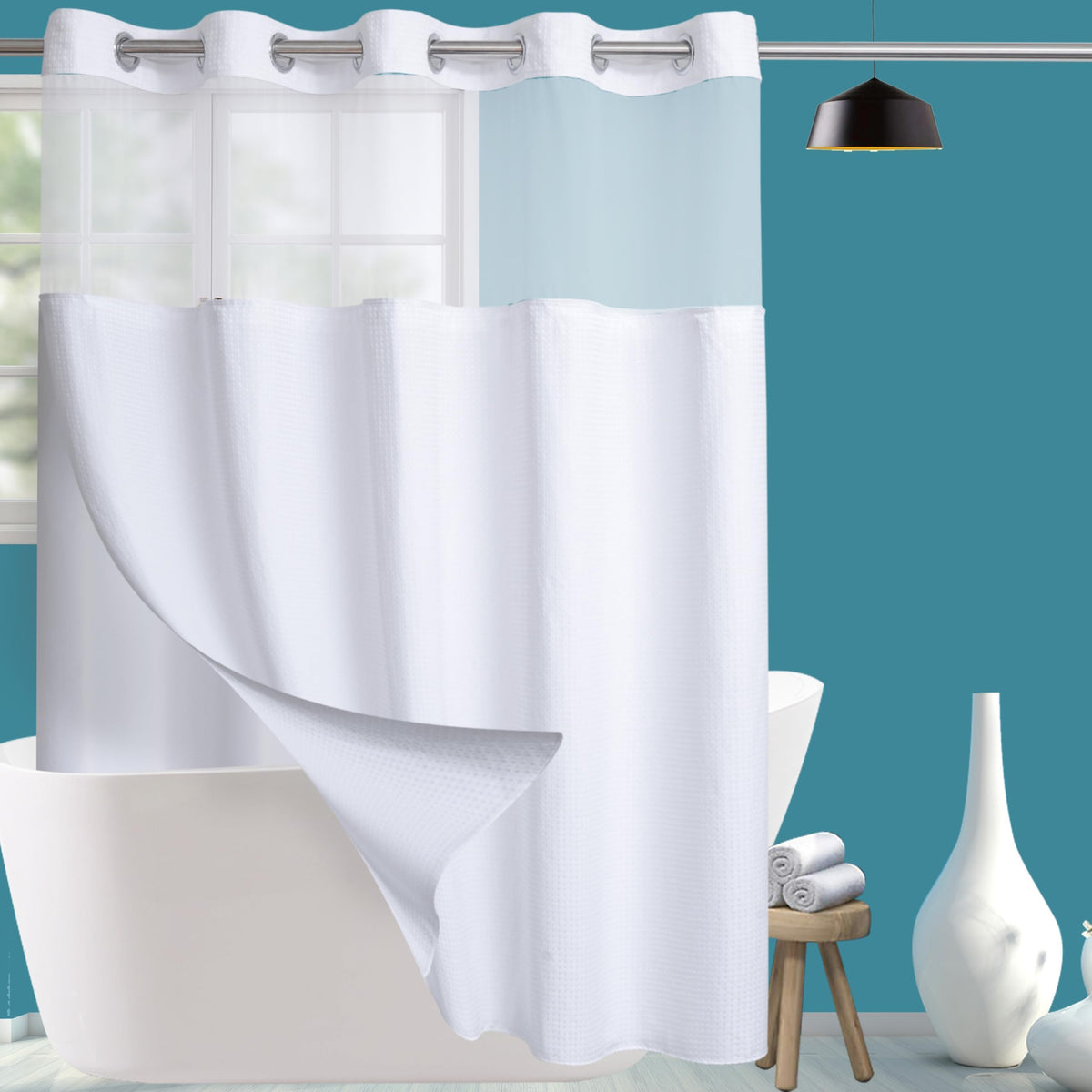 Extra Wide Fabric Waffle Weave Hotel Shower Curtain with Snap in Liner 108" x 74" for Bathroom Waterproof Machine Washable Shower Curtain (Waffle-White,108"(W) x 74"(H))