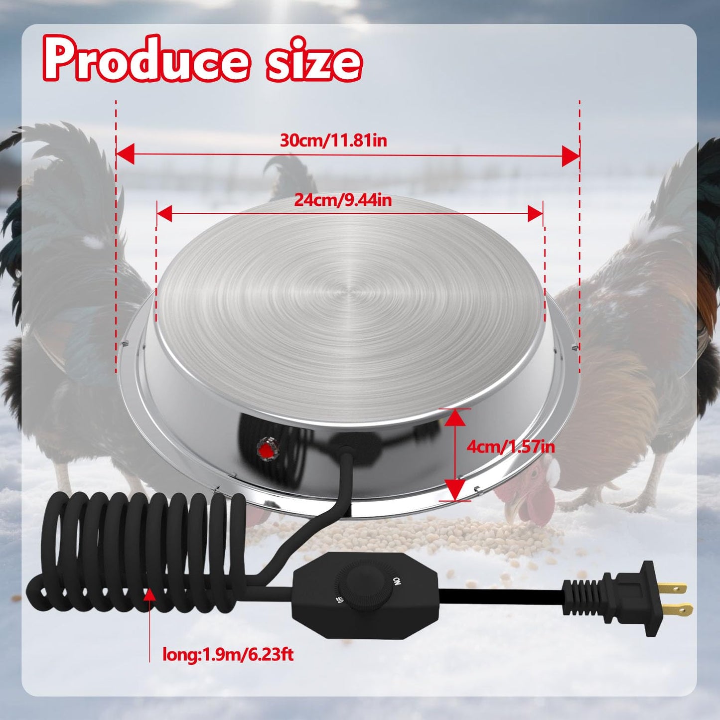 Chicken Water Heater, 11.8 Inch Stainless Steel Heated Chicken Waterer Base for Winter 5 Gallon with Thermostat Knob，with Anti-Bite Cable for Poultry Fountains Water Bowl Plastic Metal Waterer