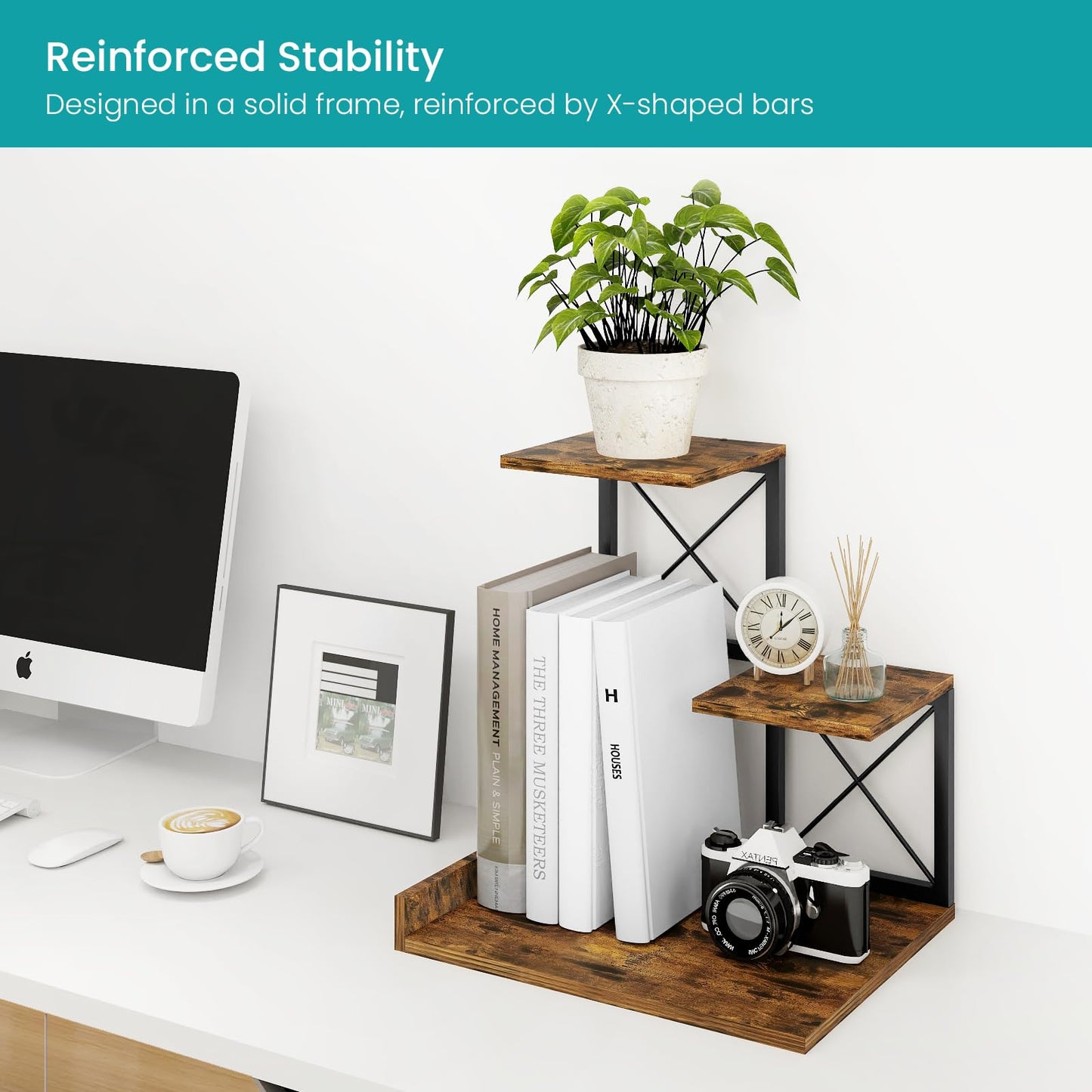 ELITEROO Desk Shelf Organizer, Wood Desktop Organizer Small Bookshelf, 3 Tier Storage Shelf Riser Display Stand for Office Decor and Desk Accessories (Rustic Brown)