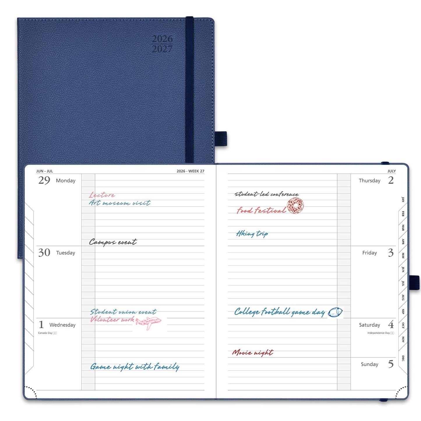 POPRUN Planner 2026-2027 (Large 8.5"x 10.5"), Horizontal Weekly Notebook Jul.2026 - Jun.2027, Academic Appointment Book with Monthly Tabs, Leather Hardcover, Inner Pocket - Navy Blue