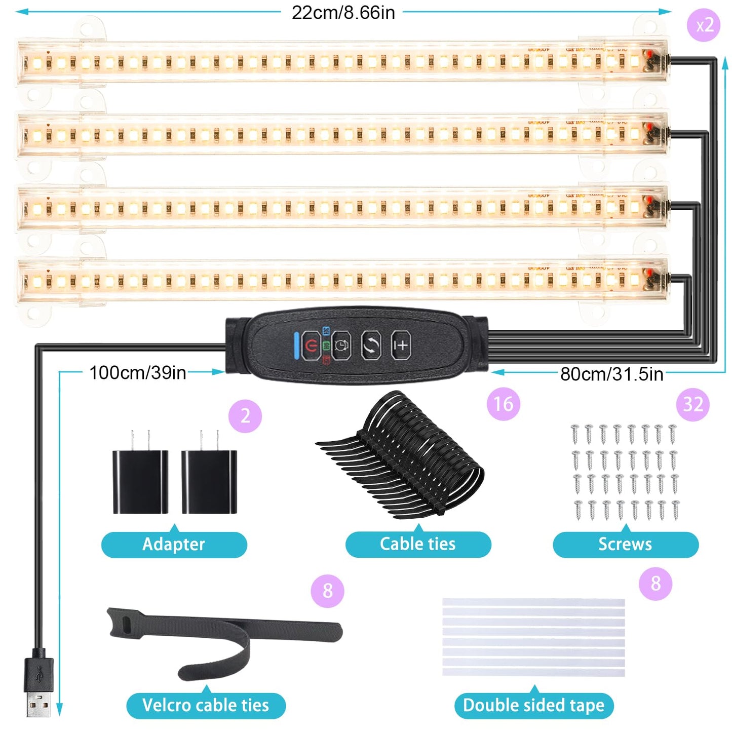 8.6 Inches LED Grow Light Strips, Grow Lamp for Indoor Plants Full Spectrum 3500K, 208 LEDs Plant Growth Light with 10 Dimmable Levels, 3/9/12Hrs for Seedling Succulent and Plant Shelf, 2 Pack