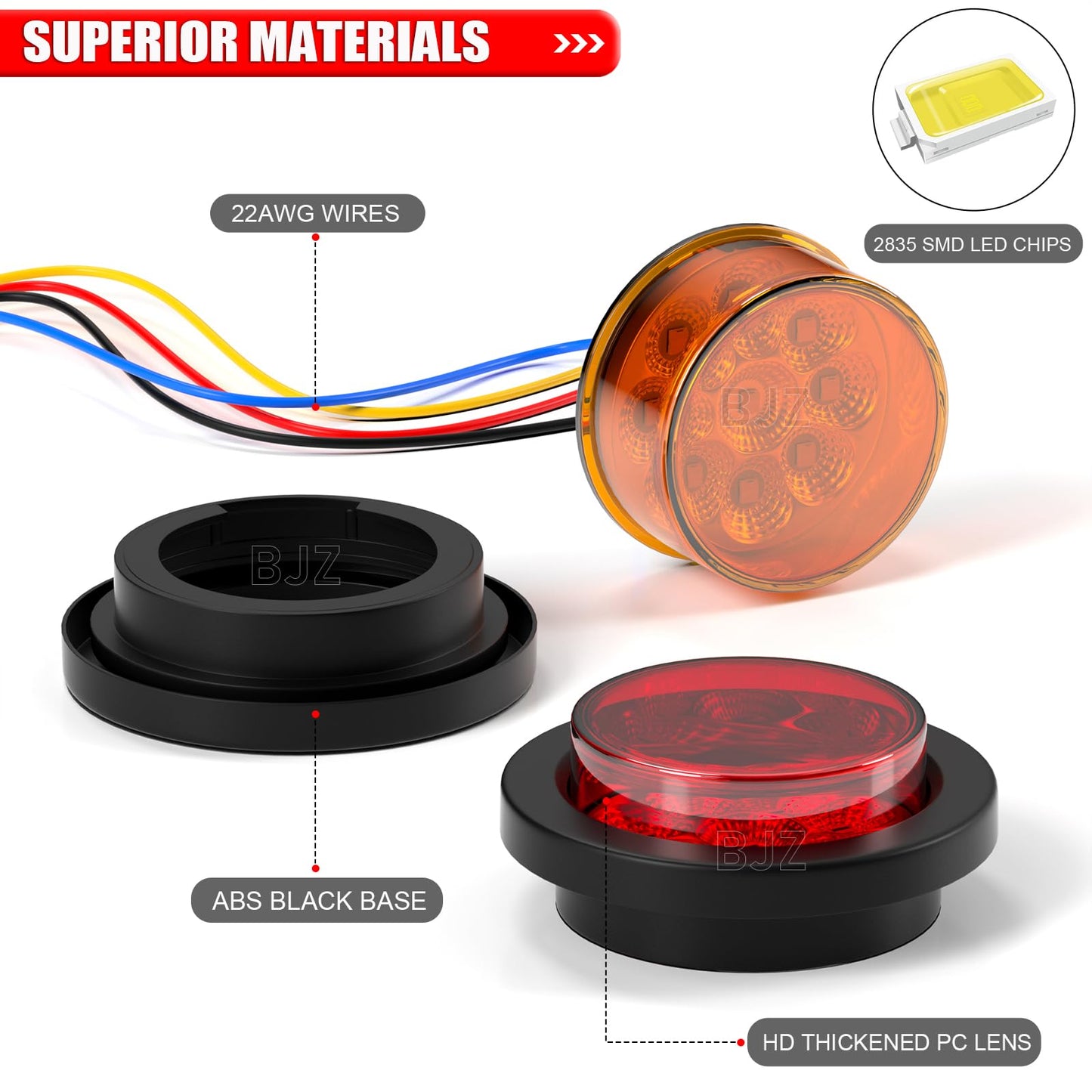 BJZ 2'' High/Low Light+Strobe Light Trailer Clearance Marker LED Lights Round Side Tail Brake Stop Turn Signal Lights Flush Mount for Trailer Truck Van RV ATV Bus Pickup RV Snowmobile (5 Red 5 Amber)