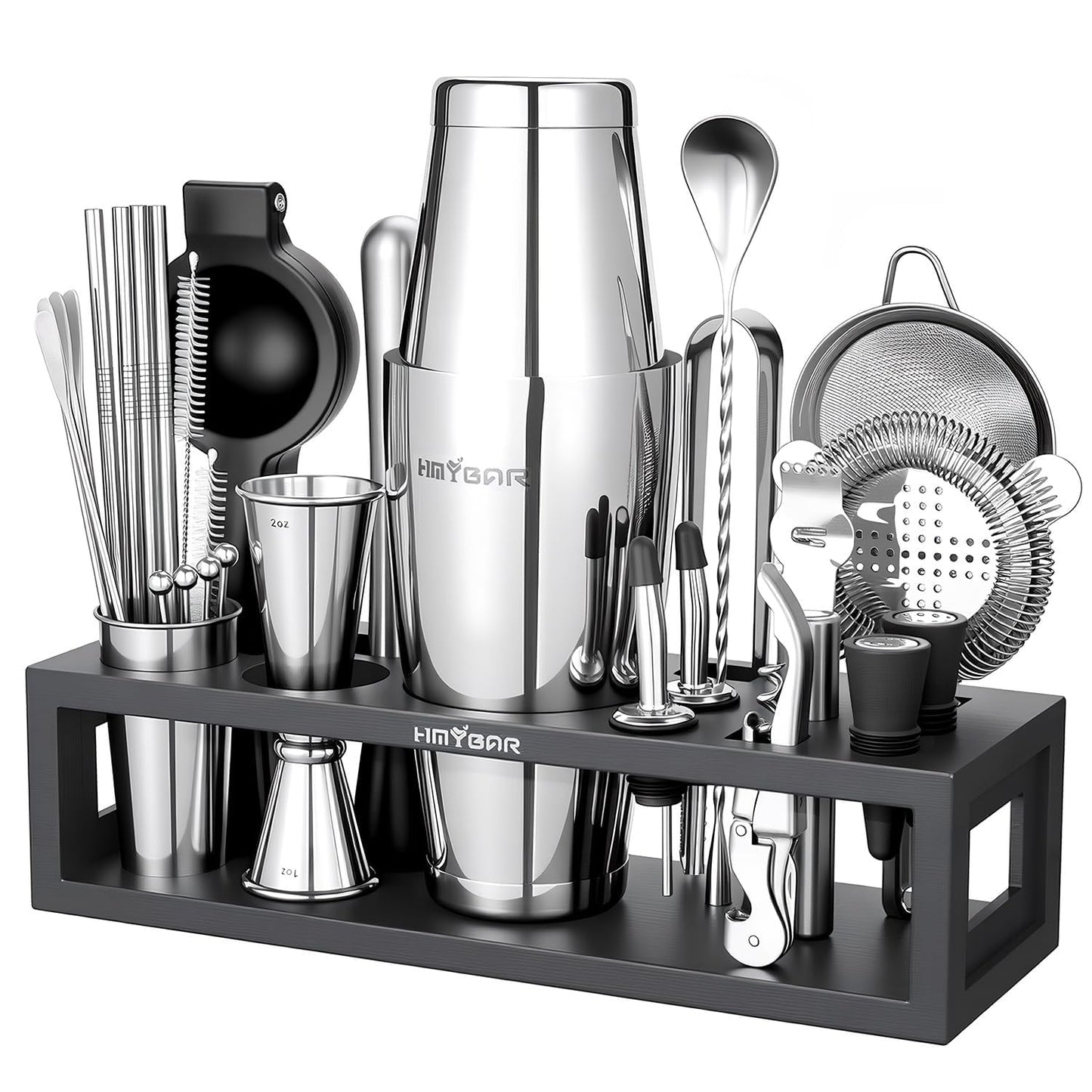 HMYBAR® Mixology Bartender kit | Cocktail Shaker Set | Boston Shaker Set, 20/28 OZ | Martini Making Set for Home Bar. Total 31 pcs incl 39-Recipe Cocktail Cards. Silver Tools. Bamb Stand Black Color