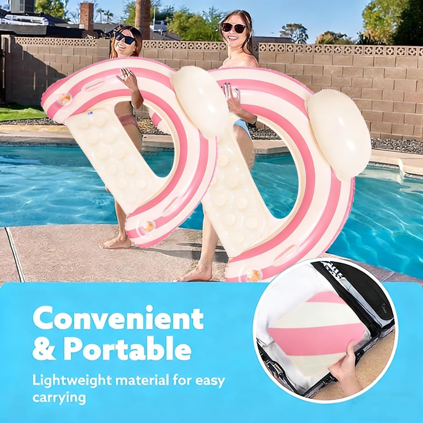 2PCS Inflatable Pool Floats Adult,Striped Pool Chairs with Cup Holders,Blow up Floats Chair for Relaxing Summer Water Fun Swimming Party Beach (U-Pink Lollipop)