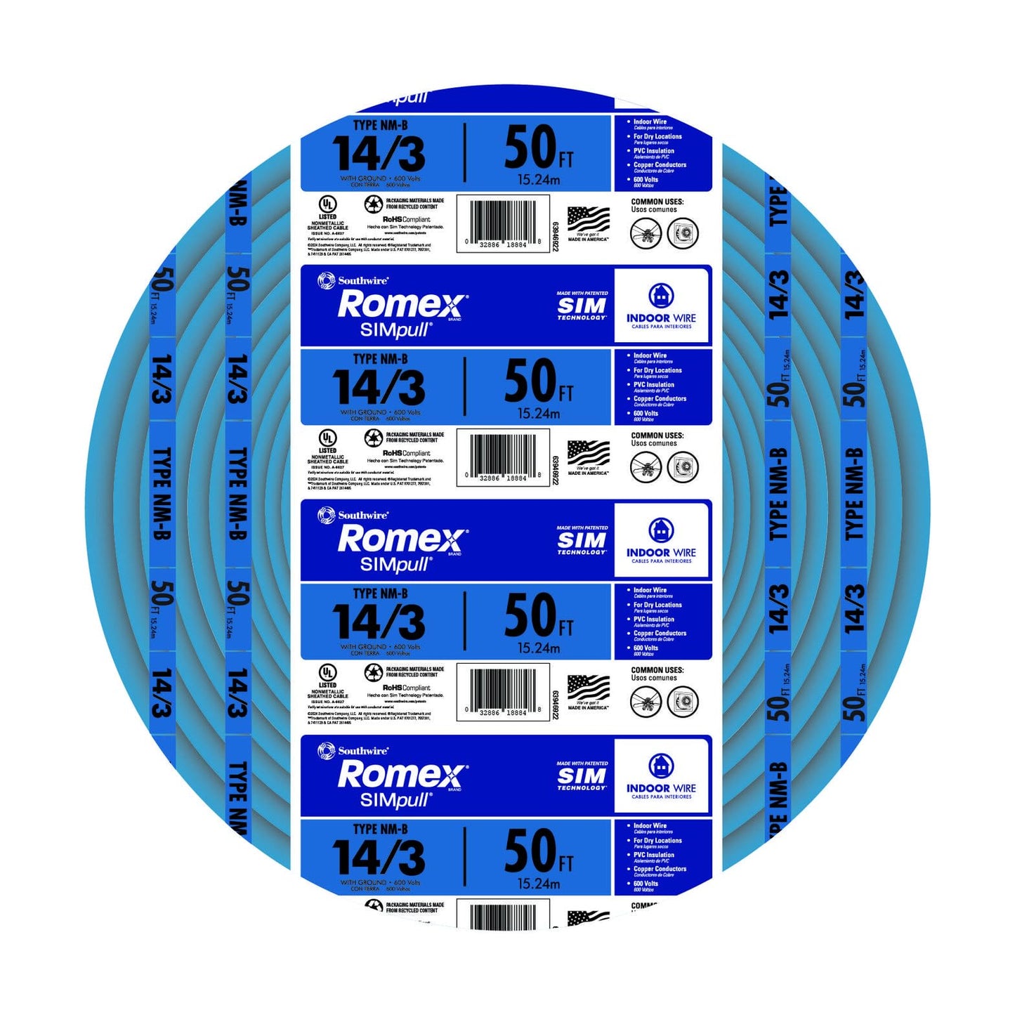 Southwire Romex SIMpull Wire, 14 Gauge, 3 Conductor, 50 Ft, W/G NM-B Cable, Blue, 63946922