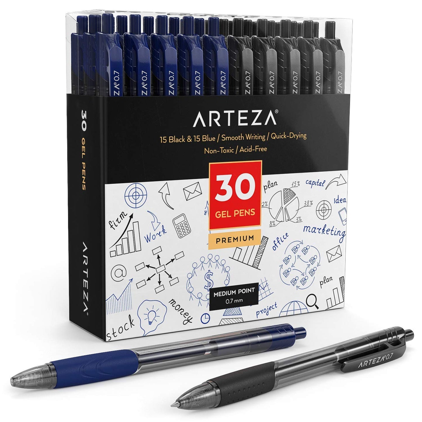 ARTEZA Gel Pens, Set of 30 – 15 Black & 15 Blue Retractable Rollerball Pens, 0.7 mm Medium Point for Office, School & Daily Writing Tasks