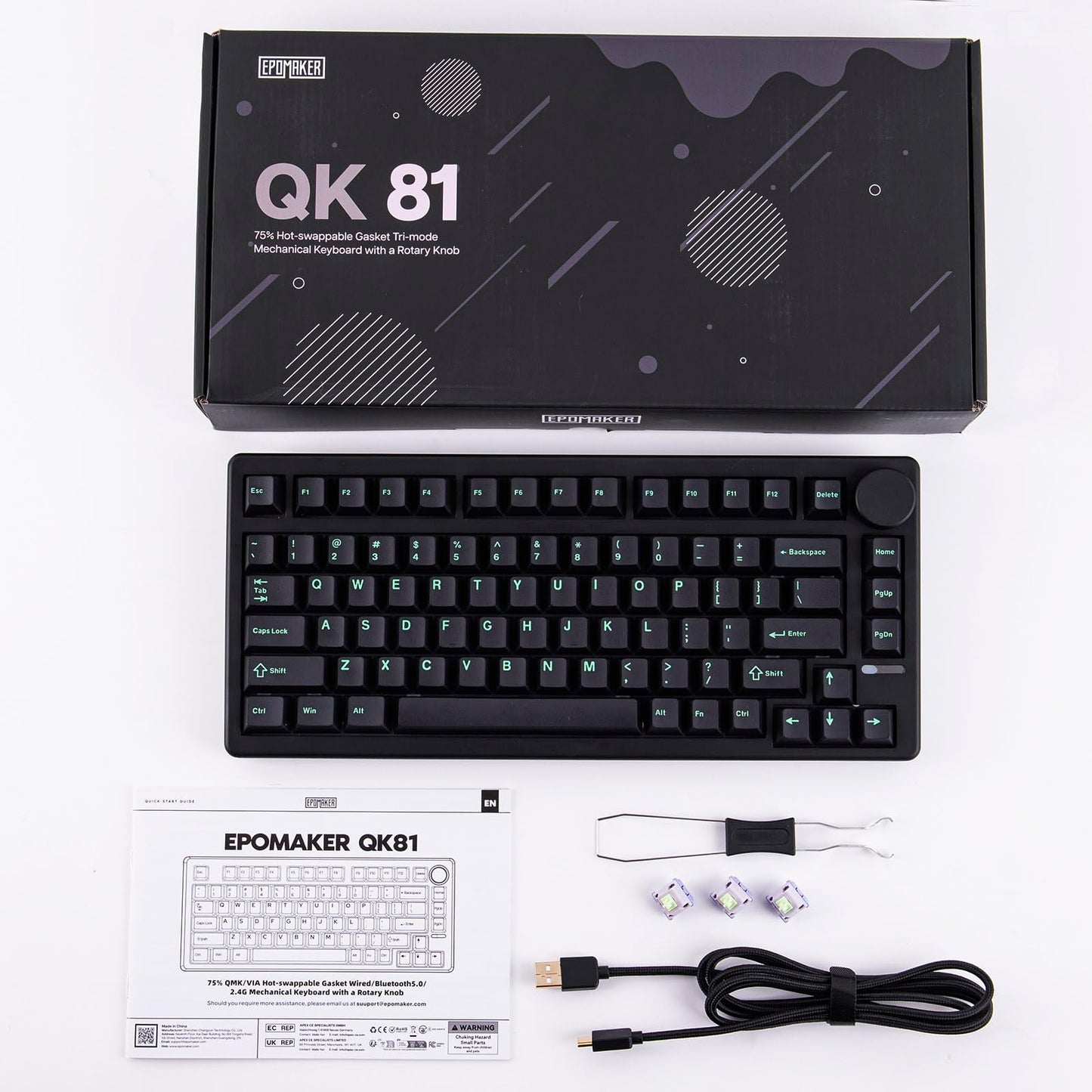EPOMAKER QK81 75% Wireless Mechanical Gaming Keyboard, QMK/VIA Programmable and Hot-Swappable, 81 Keys with Metal Knob, 2.4Ghz/BT/USB, Creamy Gasket-Mount, RGB Backlight (Black, Wisteria Switch)