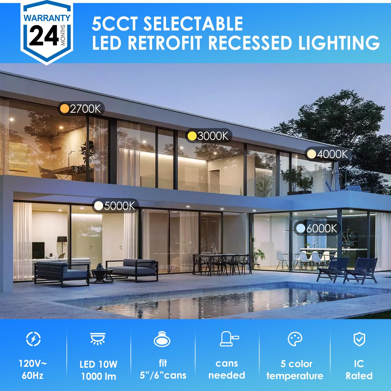 ANWIO 6 Inch 5CCT LED Recessed Lighting, 10W 1000LM Dimmable IC Rated Retrofit LED Pot Lights 2700K/3000K/4000K/5000K/6000K Color Changeable 8 Pack