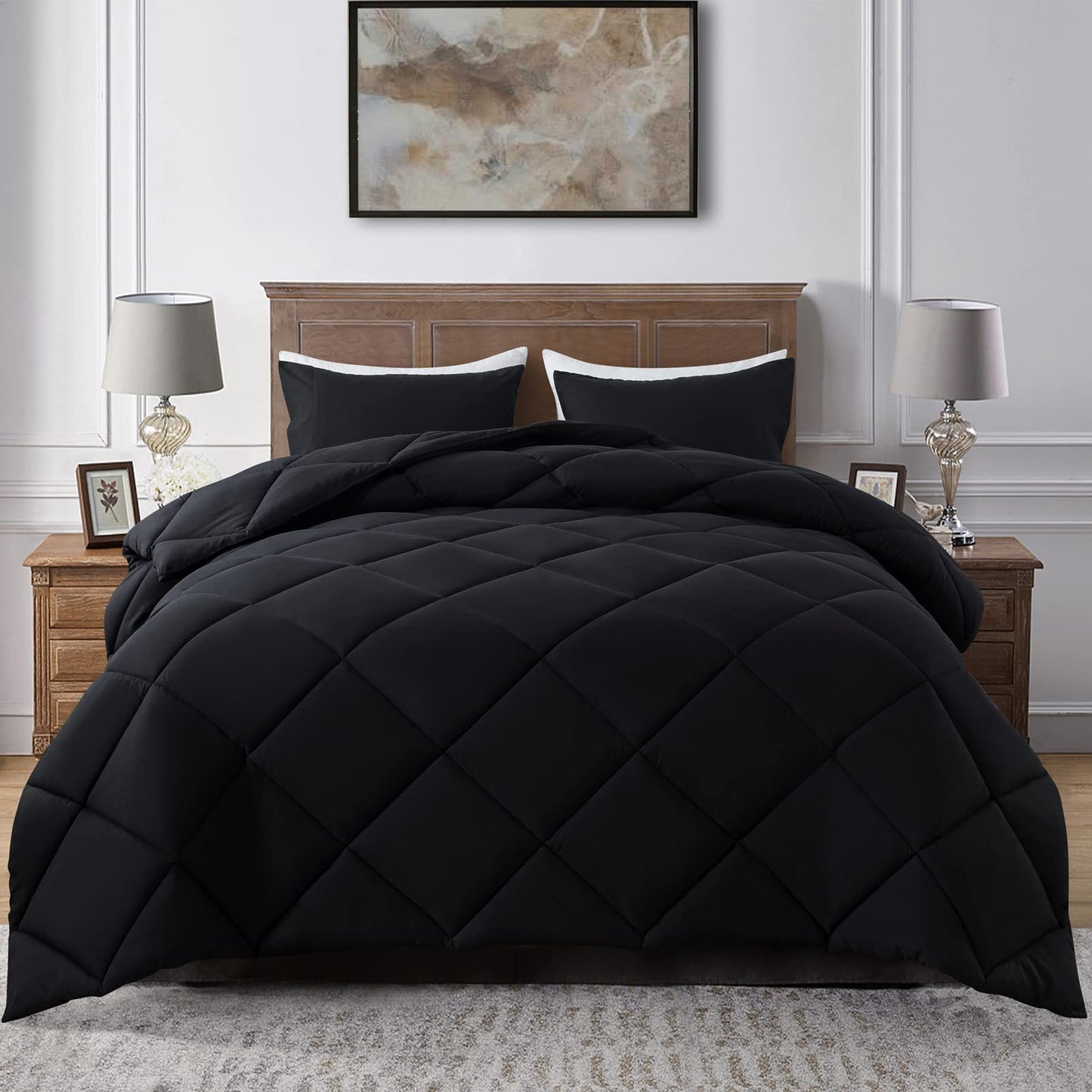 ELNIDO QUEEN Black Queen Comforter Set with 2 Pillow Shams - 3 Pieces Bed Comforter Set - Quilted Down Alternative Comforter Set - Lightweight All Season Bedding Comforter Sets Queen Size(88x92 inch)