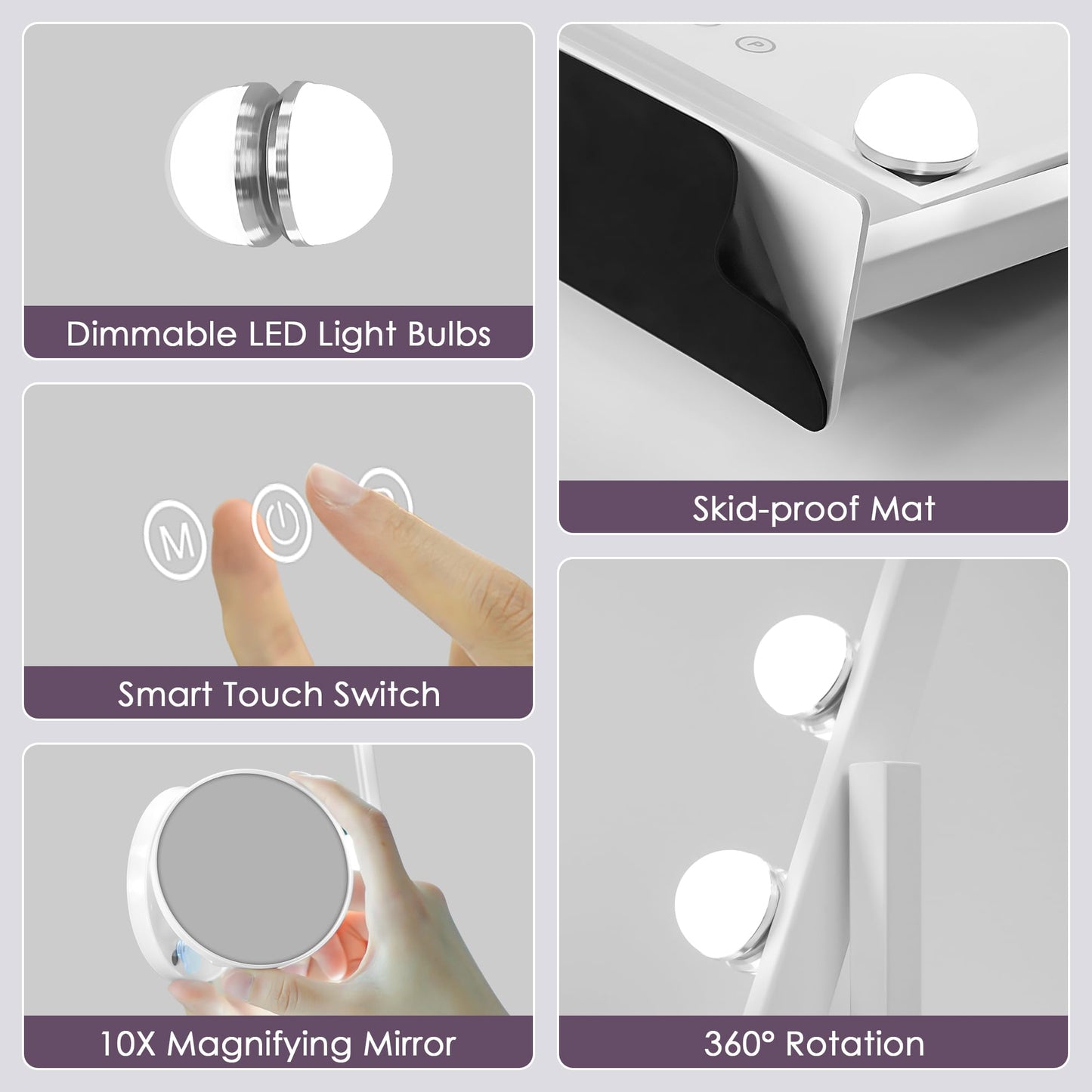 Sucedey Makeup Mirror with Lights, 14x12 '' Lighted Vanity Mirror with 9 Bulbs, 3 Color Mode and Dimming, Touch Control, Detachable 10X Zoom Mirror, 360° Rotation, Sleek Metal Frame -White