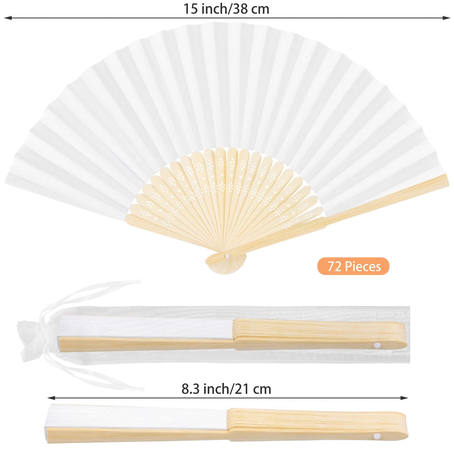 Aodaer 72 Pieces White Folding Fans with Organza Bags Paper Folding Fans Bamboo DIY Paper Hand Fan Foldable Wedding Fan for DIY Crafts, Wedding Gift, Home Decoration