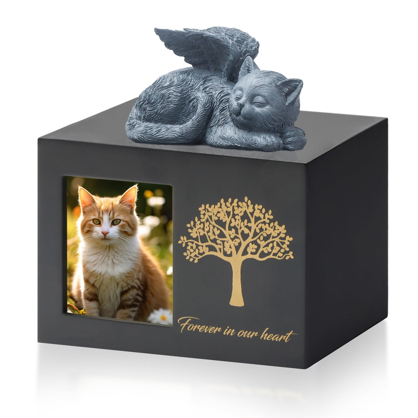 DiDiBirDi Pet Urns for Cats, Tree Pattern Wooden Keepsake with Photo Frame, Pet Ashes Keepsake Memory Box with Resin Animal Statue and Sealed Storage Bags (75lbs)（Black）