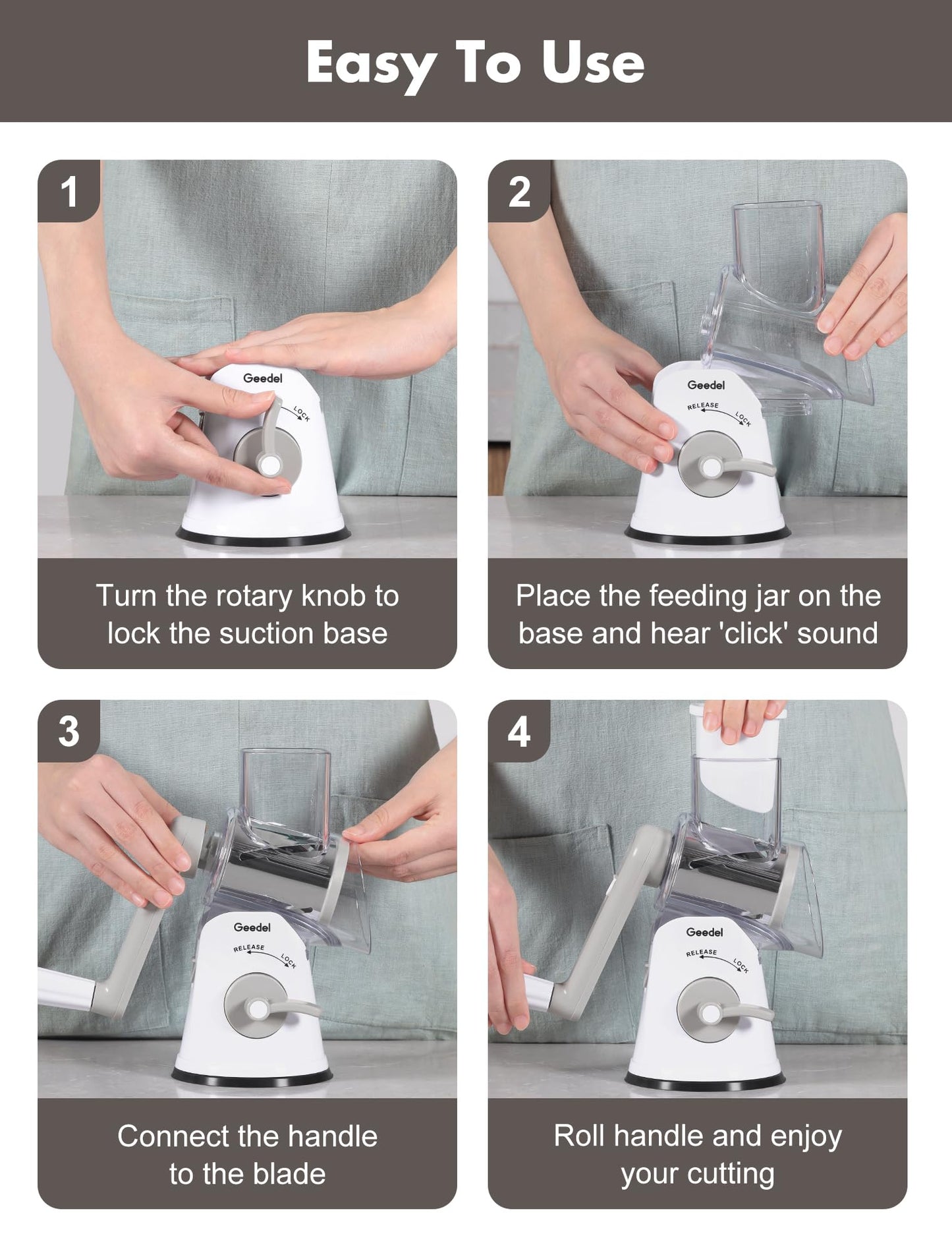 Geedel Rotary Cheese Grater, Mandoline Vegetable Slicer with 5 Interchangeable Blades, Easy to Use Rotary Grater Slicer for Fruit, Vegetables, Nuts, White