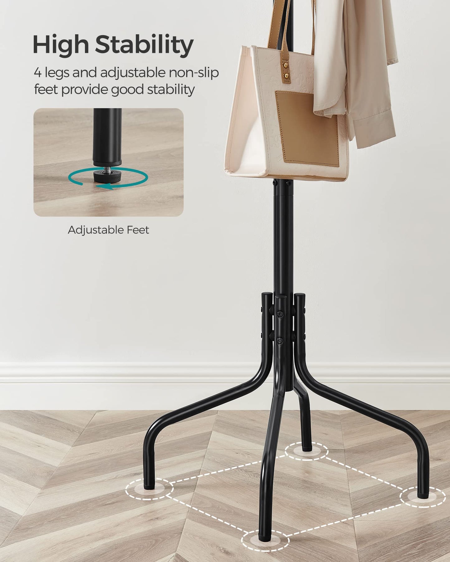 SONGMICS Coat Rack Freestanding, Metal Coat Rack Stand with 12 Hooks and 4 Legs, Holds Clothes, Hats, and Bags, for Entryway, Living Room, Bedroom, Black URCR031B01