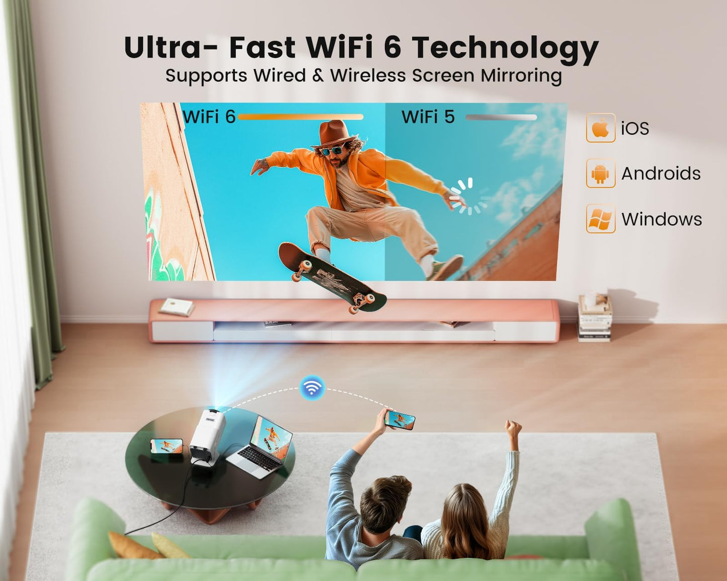 【4K Supported】 Mini Projector 4K with WiFi6 and Bluetooth5.2, Native 1080P Mini Portable Projector with 270° Rotation, Home Movie Projector with 【Auto Keystone】 for HDMI, USB, TV Stick, PS5