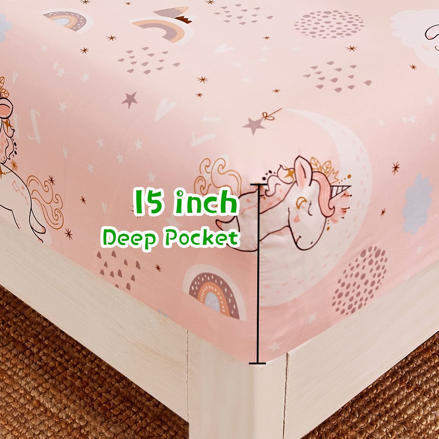 JSD Pink Moon Unicorn Kids Sheet Set Full 4 Piece, Cute Printed Microfiber Bed Sheets for Girls Deep Pocket