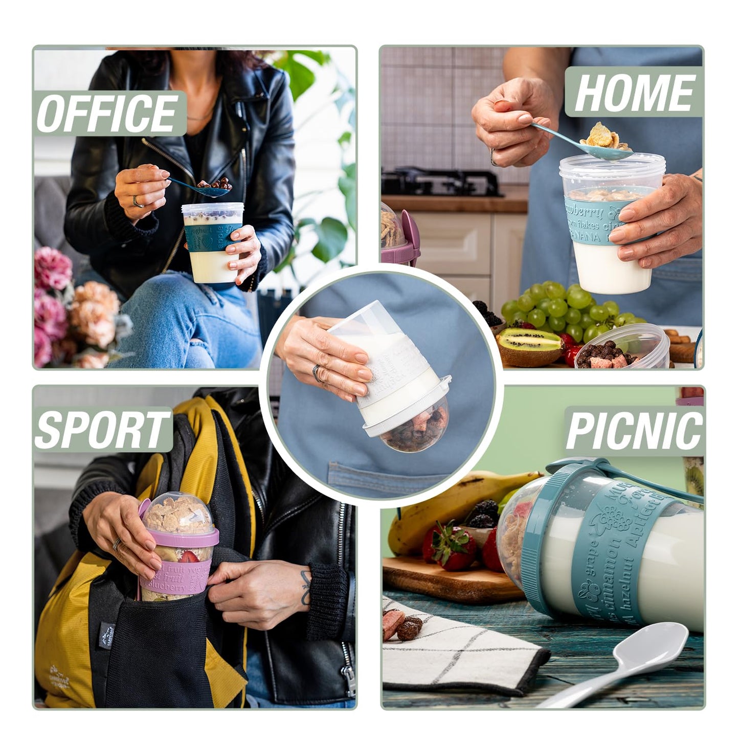 EYNEL On The Go Cereal Yogurt Cups with Lids and Spoon, Overnight Oats Container, Reusable Parfait Plastic Milk Jar Breakfast Crunch Granola Oatmeal Smoothie Snack Prep Bowl To Take Along (4 Pack)