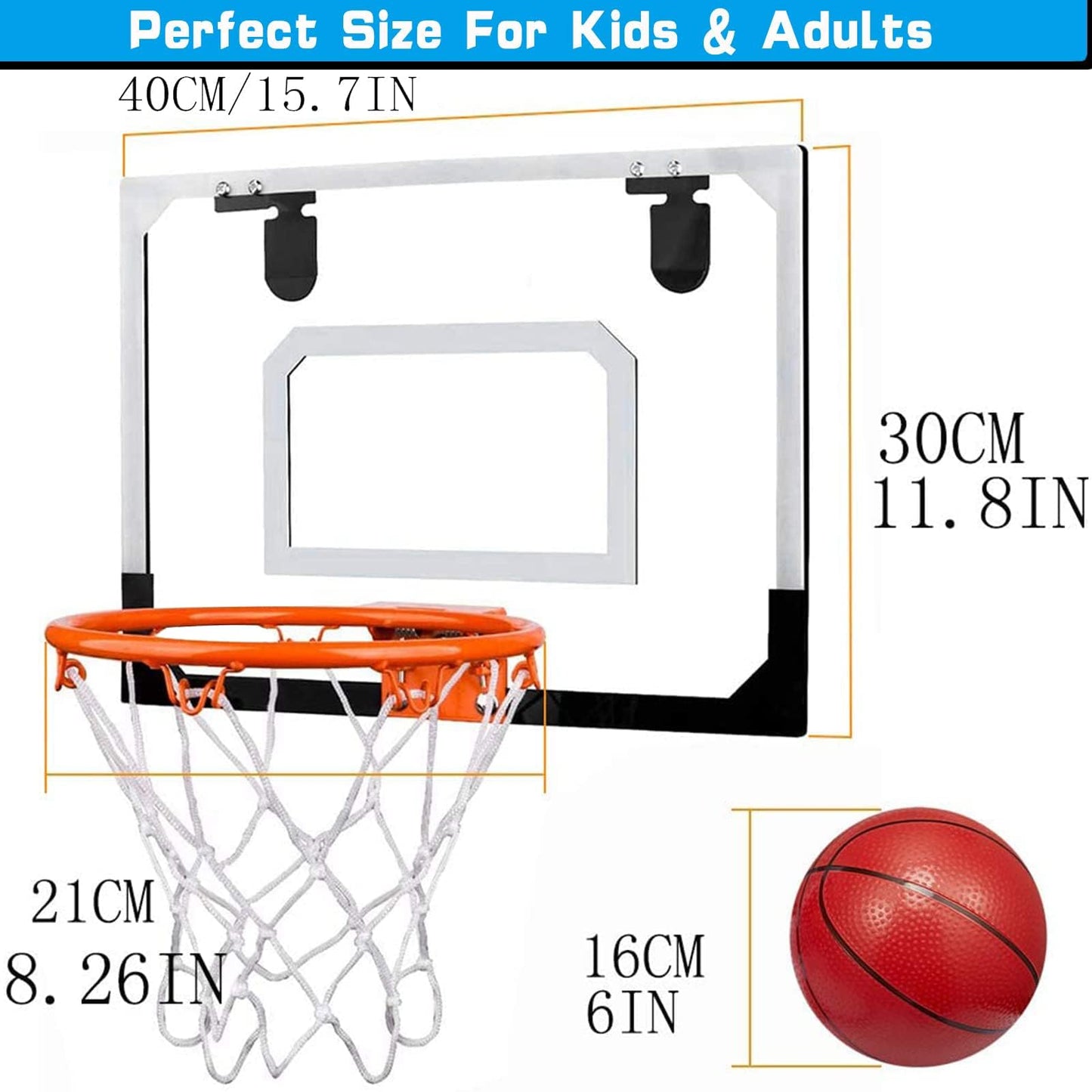 Pro Indoor Mini Basketball Hoop for Kids Adults, Over Door Wall Mount Basketball Hoop Toy with 4 Rubber 6 Inch Balls, Large Dunk Rim Gift for Birthday Pool Office Sport Game (with Pump)