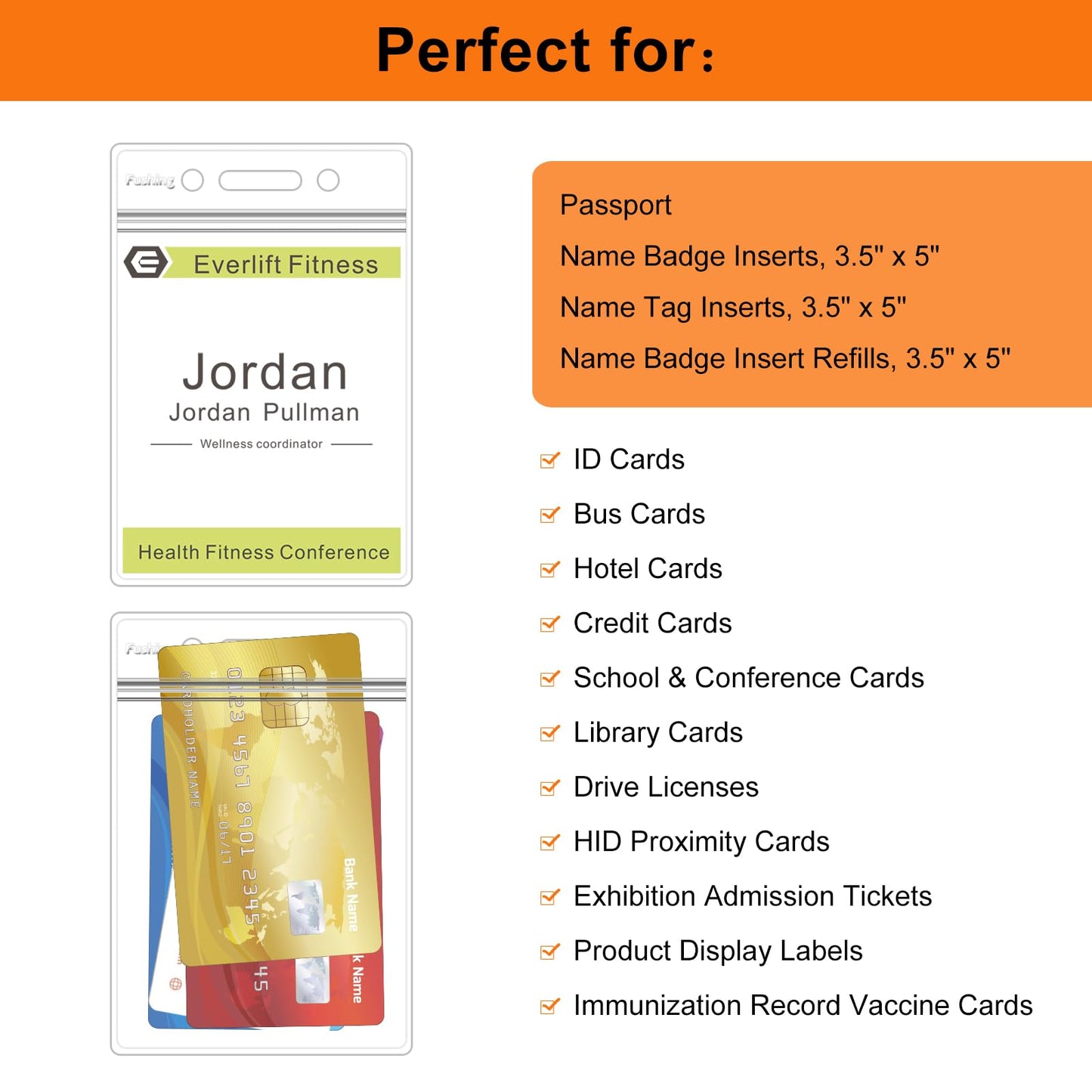 Fushing Pack of 50 Clear Plastic Vertical Badge Holders, Name Tag Holders, Card Holders (XL)