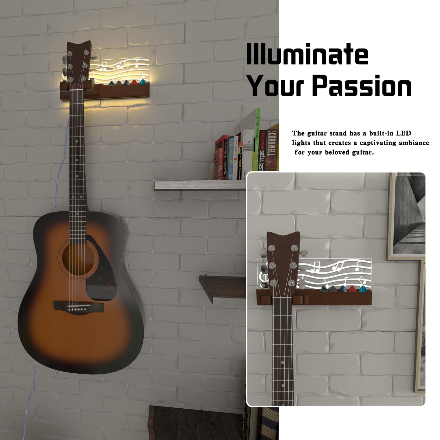 YuanDian Light Up Guitar Wall Mount with Pick Holder, LED Wooden Guitar Hanger USB Powered for Acoustic, Electric, Bass, Ukulele, Mandolin Display and Storage,Gifts for Guitar Players Men