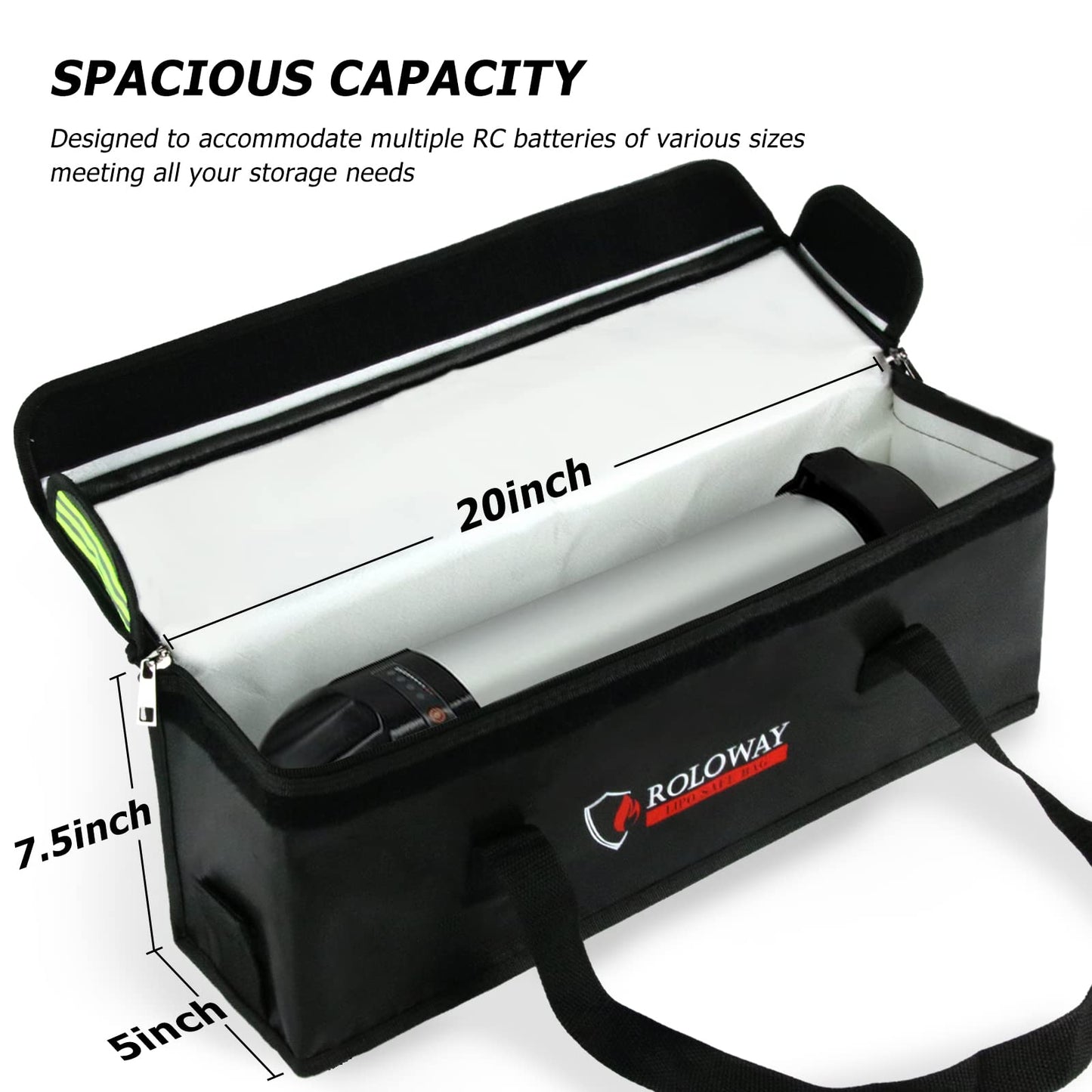 ROLOWAY Lipo Battery Bag (20 x 5 x 7.5 inch), Large Fireproof Lipo Ebike Bag with Comfortable Handle, Reflective Strip