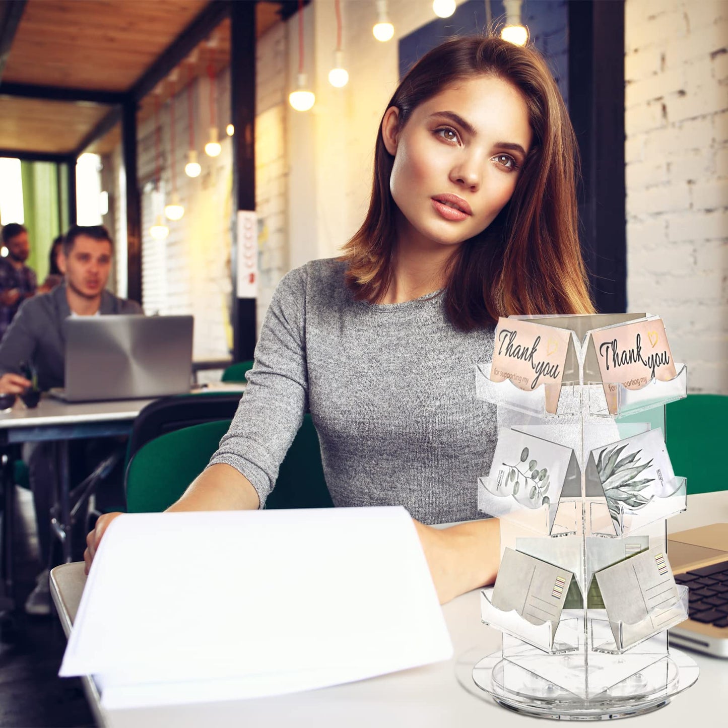 Spiareal Spinning Clear Business Card Holder 3.5" x 2" Acrylic Sticker Display Stand Appointment Cards Rotating Stand 3 Tier Brochure Display Holder for Tabletop Office Home Desk(5.9 x 9.8 Inch)