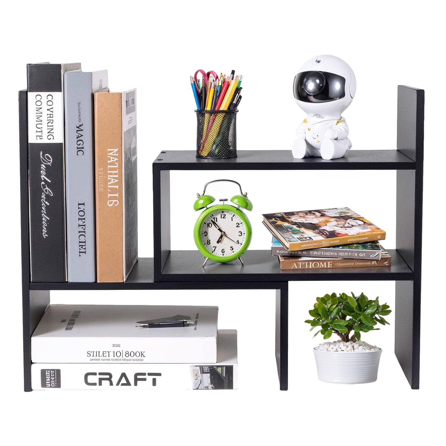 Olyzer Desktop Bookshelf Organizer, Adjustable Display Shelf Rack Office Storage Desk Shelf Free Style Display Stand Shelf Rack for Home Decor, Office (Black)
