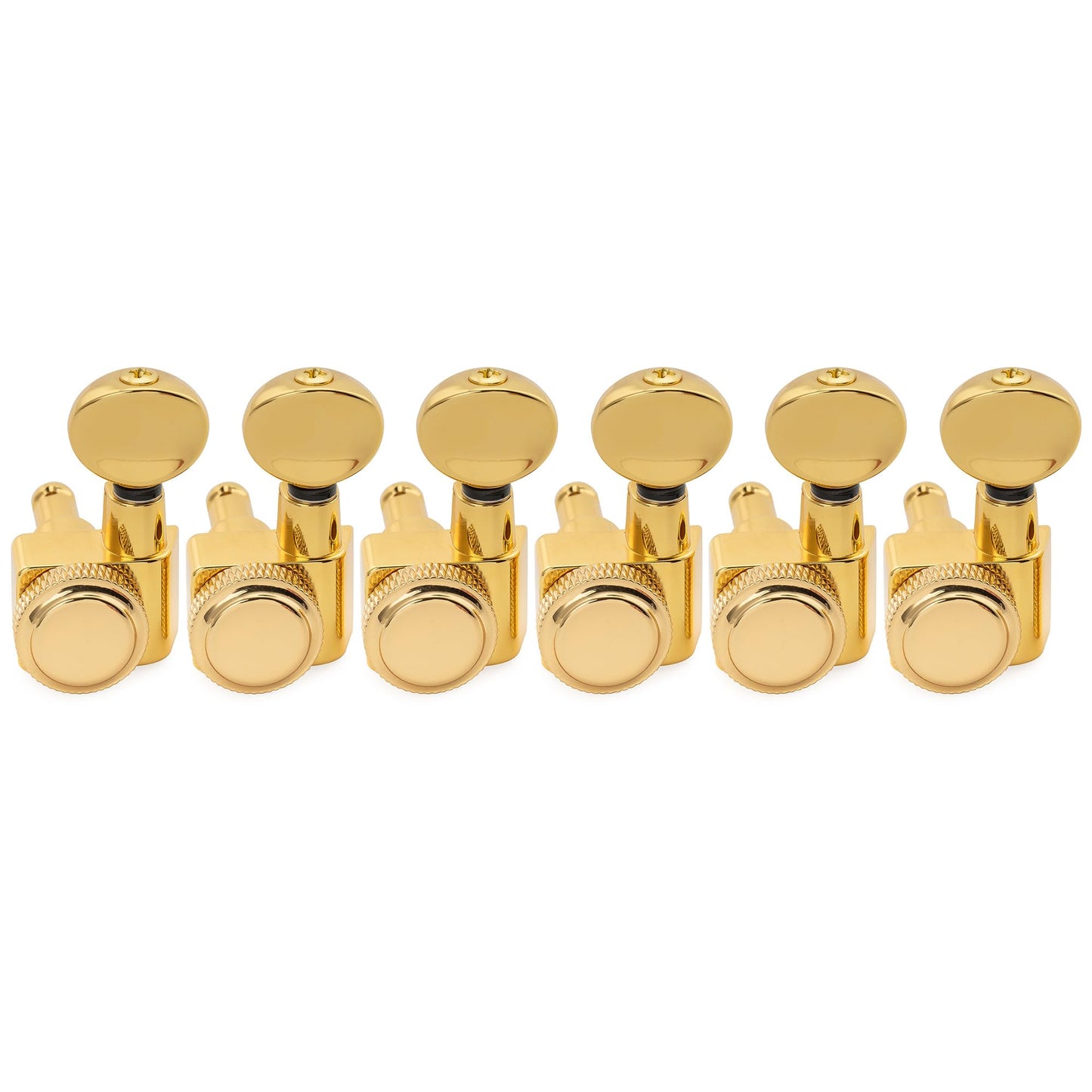 Musiclily Pro Left-Handed 6-in-line 18:1 Ratio 2-Pin Full Sealed Locking Machine Heads Tuners Tuning Pegs Keys with Vintage Oval Button for Fender Strat Tele Style Electric Guitar, Gold