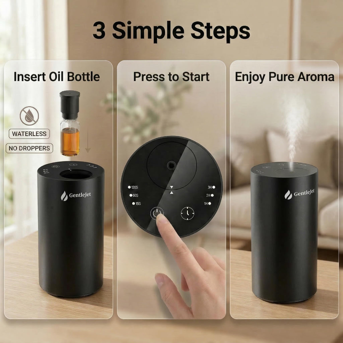 GentleJet LiteMist Waterless Nebulizing Essential Oil Diffuser – Cold Air Aromatherapy, USB-C Cordless 2000mAh Battery, Aluminum Portable for Home Office Car, 20ml