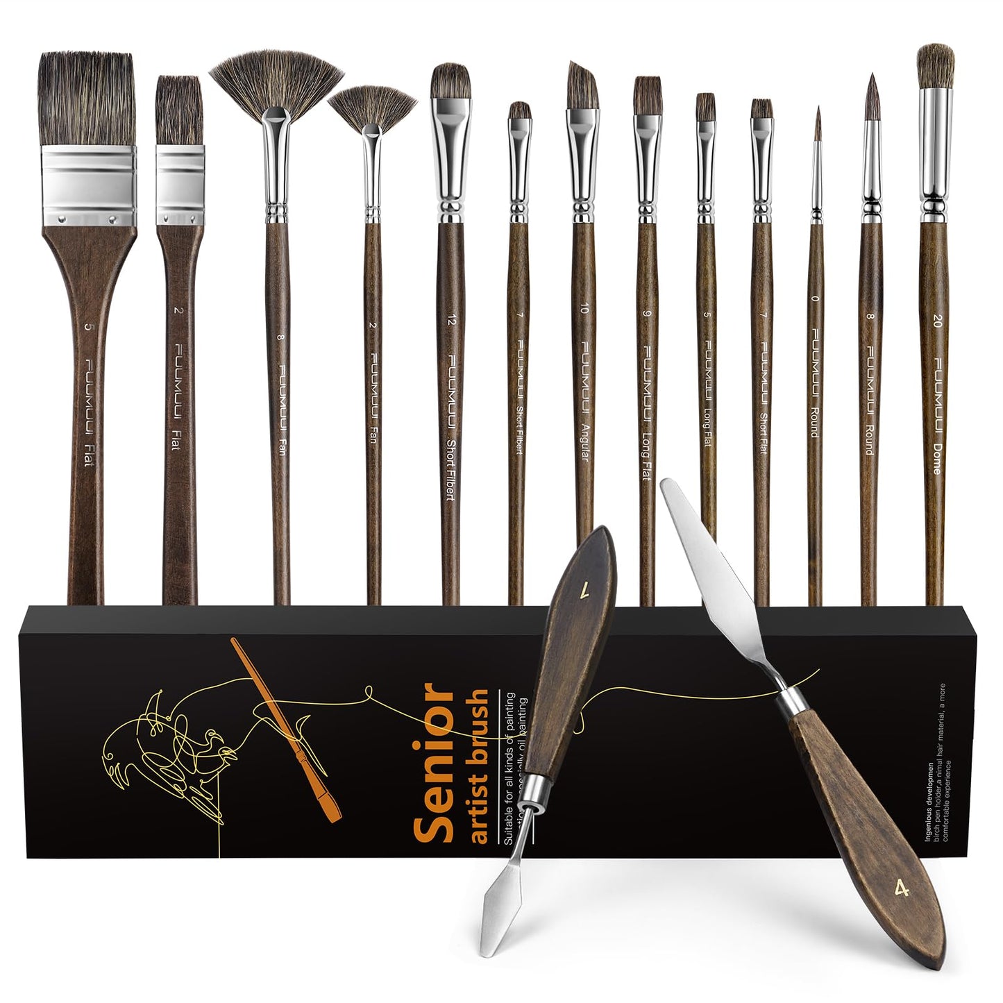 Oil Paint Brush Set, 15Pcs Fuumuui Professional Paint Blending Brushes Natural Badger Bristle with Flat, Fan, Angle, Round, Filbert for Acrylic Oil Painting with 2pc Palette Knife