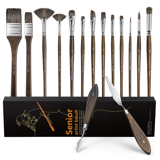 Oil Paint Brush Set, 15Pcs Fuumuui Professional Paint Blending Brushes Natural Badger Bristle with Flat, Fan, Angle, Round, Filbert for Acrylic Oil Painting with 2pc Palette Knife
