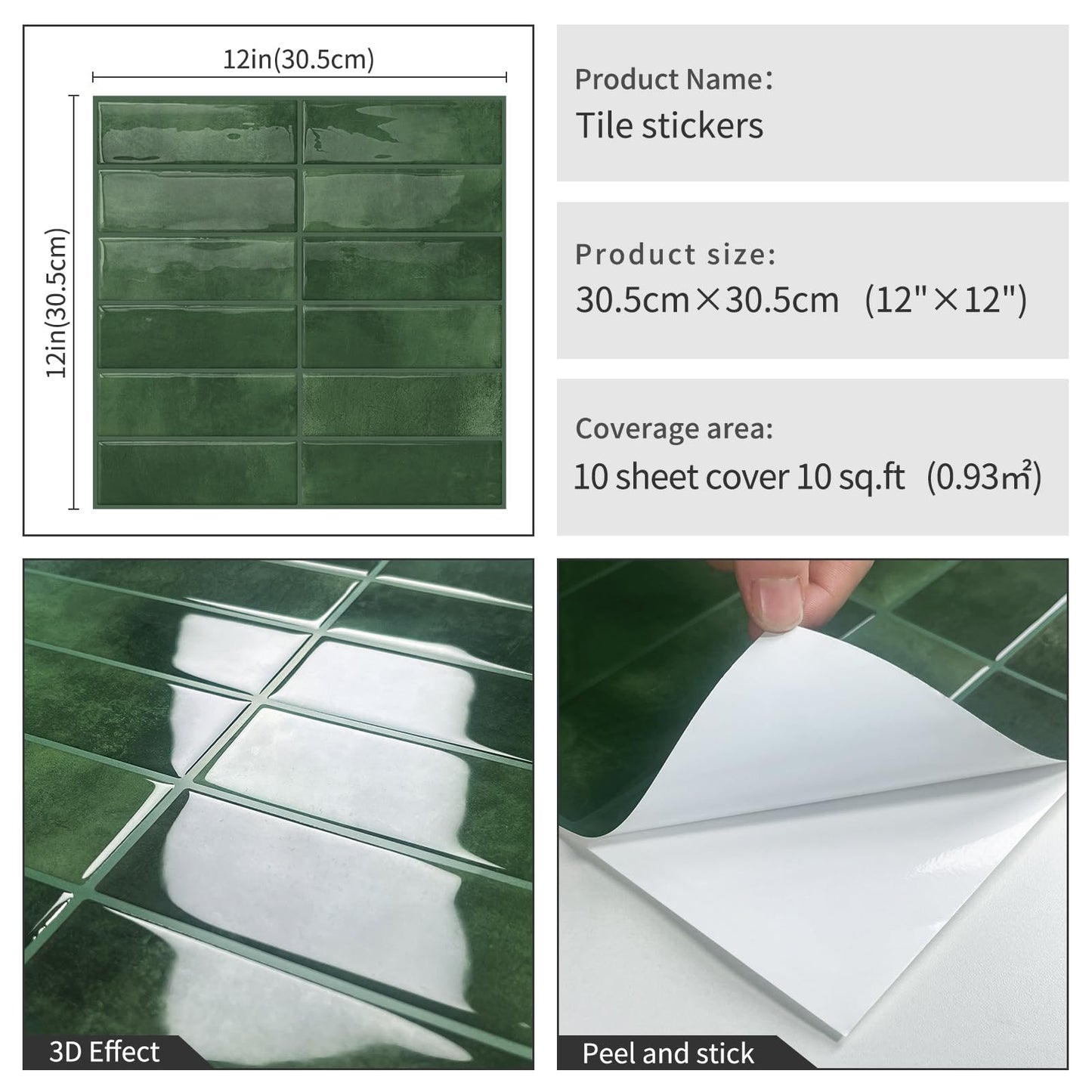 DEWOO Peel and Stick Backsplash Self Adhesive Wall Tiles for Kitchen Bathroom,Mint Green Rectangle 10-Sheet, (12"x 12")