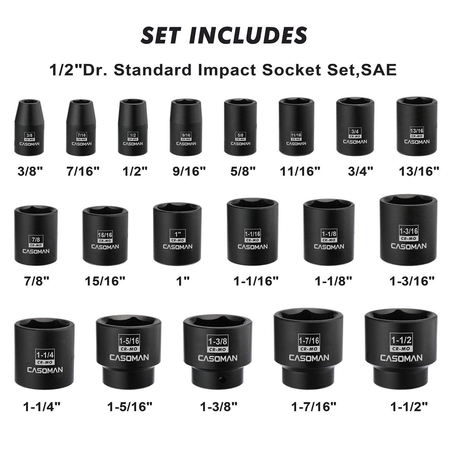 CASOMAN 19 Piece 1/2-Inch Drive Standard Impact Socket Set, SAE, Shallow, 3/8" to 1-1/2", Cr-Mo Alloy Steel, Radius Corner Design, Impact Grade