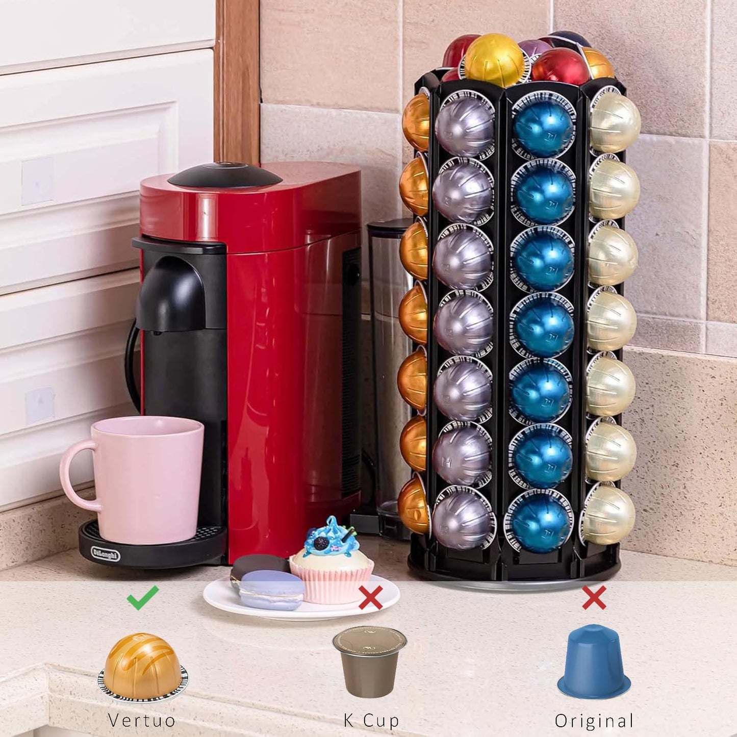 FlagShip Vertuo Pod Holder Carousel Stand for Nespresso Vertuo Capsule Storage Organizer with Extra Space for Coffee Mate Silent Rolling (Vertuo 80+ Pod Storage)