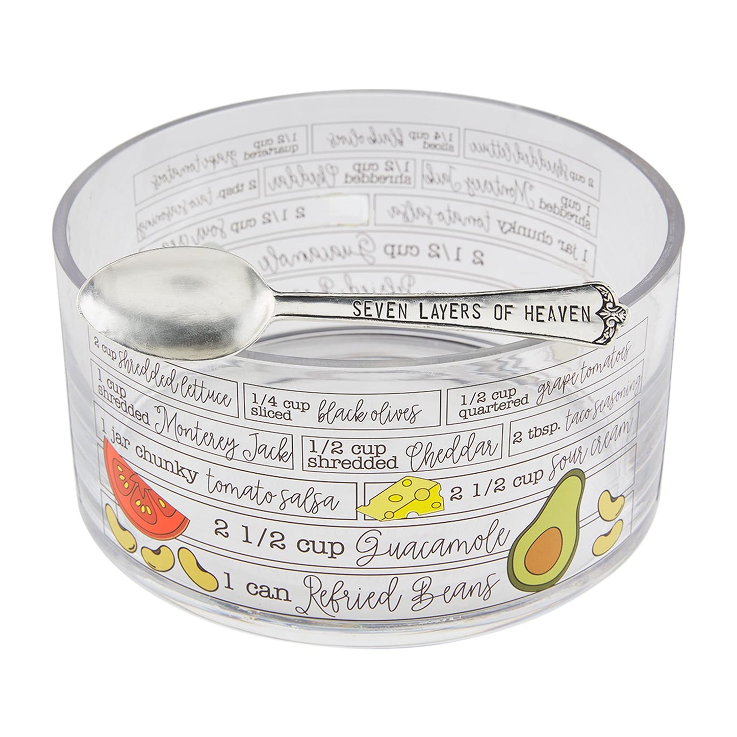 Mud Pie Glass Ingredients Bowl Set, 7 Layer Dip, bowl4" x 8" dia | spoon 6"