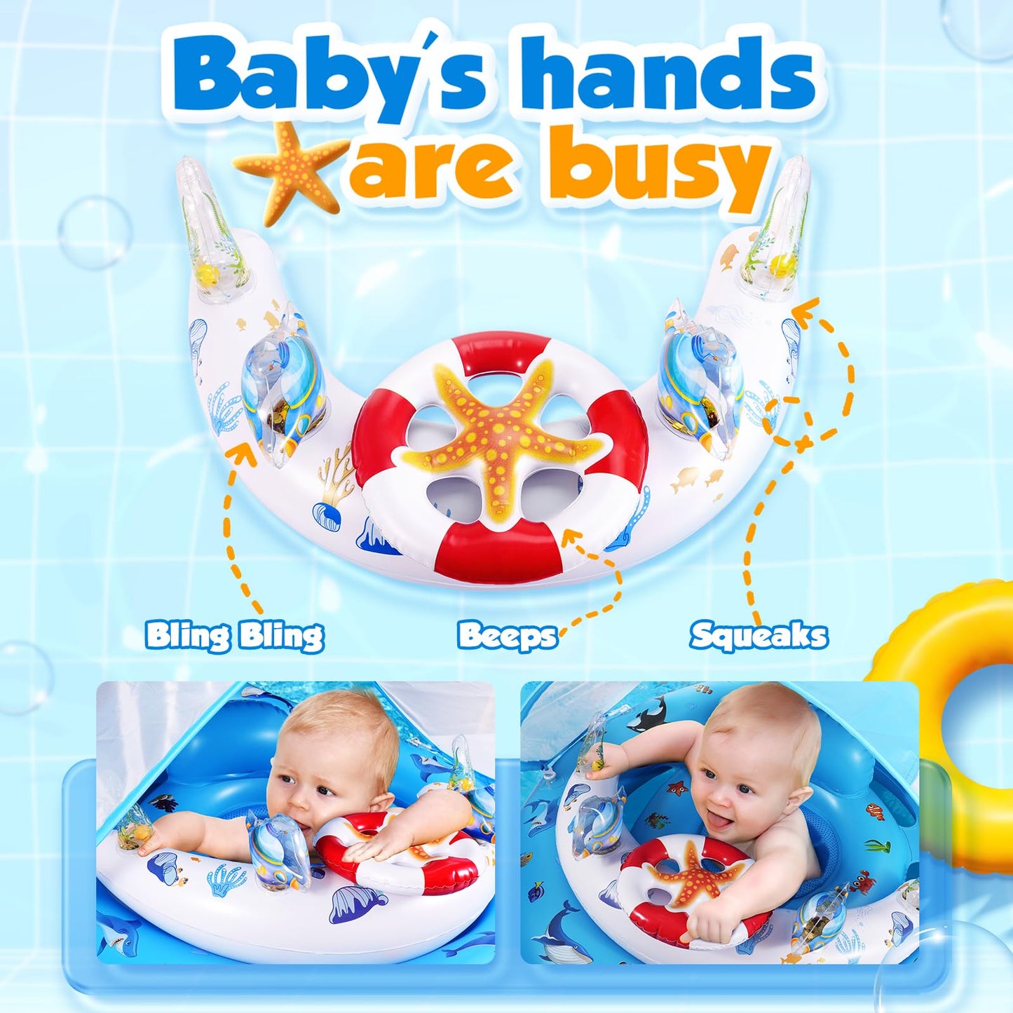 Baby Pool Float with Canopy UPF50+ Sun Protection, Inflatable Kids Pool Floats with Ocean Animal Toys for Baby 6-36 Months, Infant Swimming Float with Adjustable Safety Seat for Girls Boys