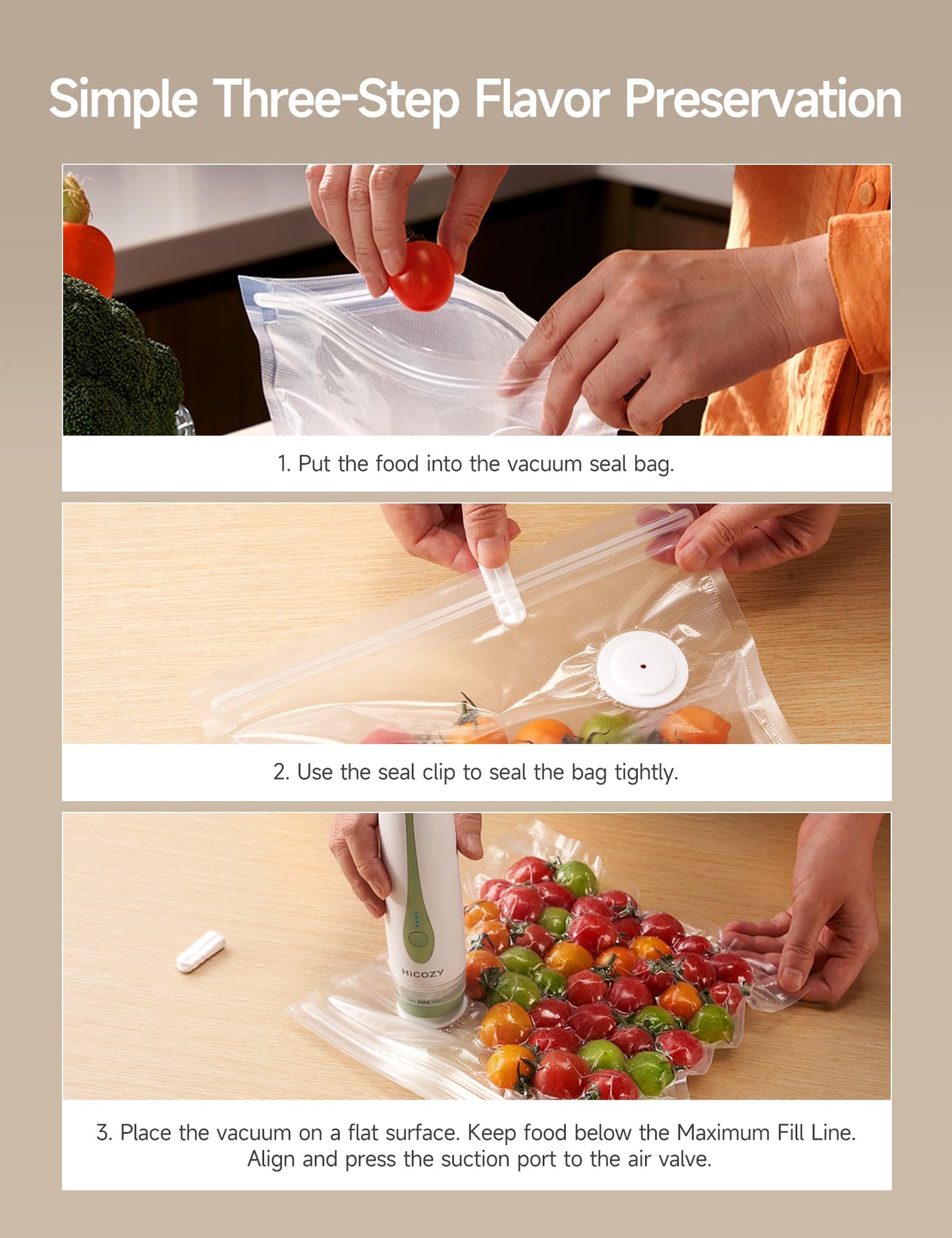 HiCOZY Vacuum Sealer Sync for Food with Visible Water Tank, Powerful Compact Handheld Vacuum Sealer Machine with LED Battery Display, 30 BPA-Free and Reusable Bags