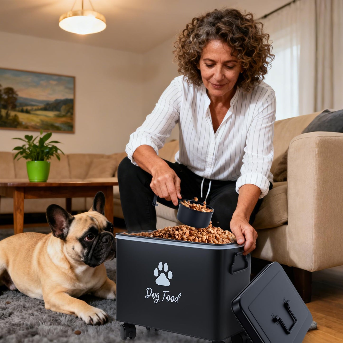 Himake Dog Food Container 13lb, Cute Airtight Pet Food Storage Containers with Metal Lid Scoop, Black Metal Storage Bin for Dog/Cat with Wheels,Easy to Move