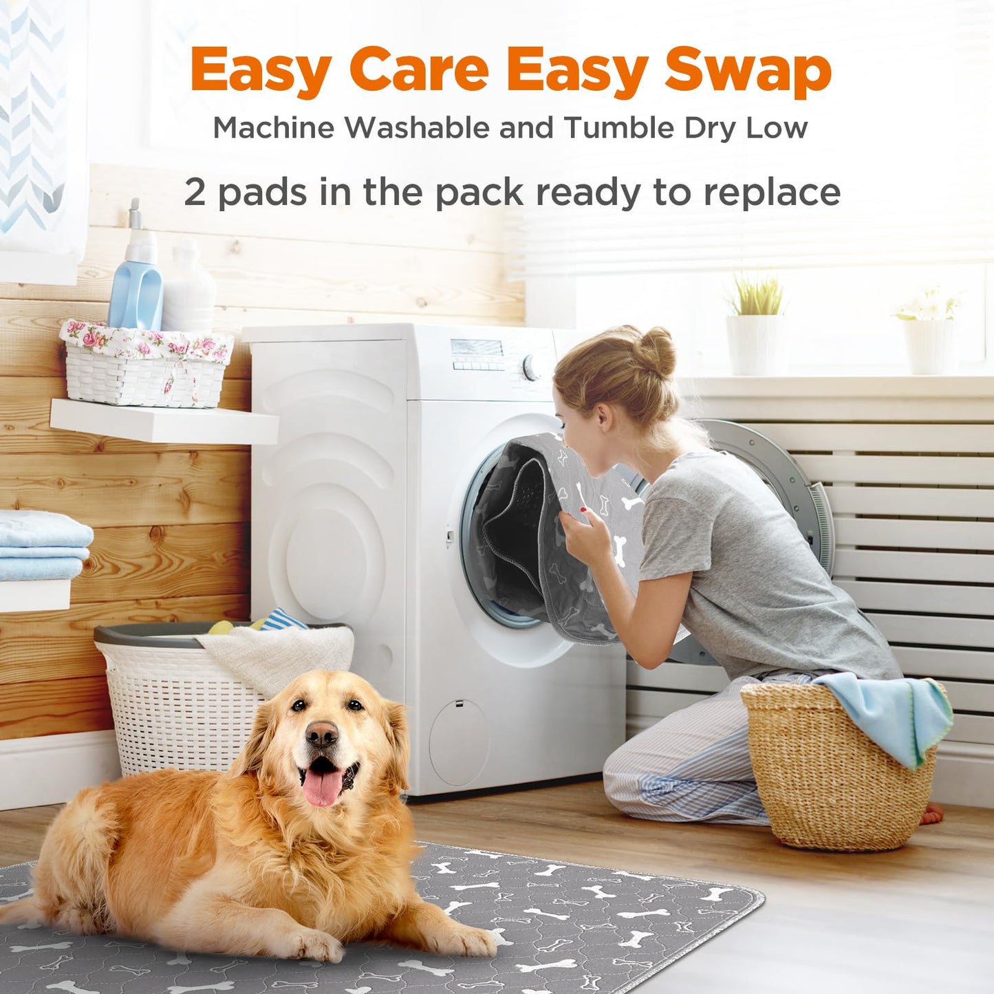 Baodan Washable Pee Pads for Dogs, 2 Pack Dog Pee Pads, Super Absorbent Puppy Pads, Anti-Slip & Reusable Puppy Pee Pads for Training, Incontinence, Playpen (Grey, 48*48Inch)
