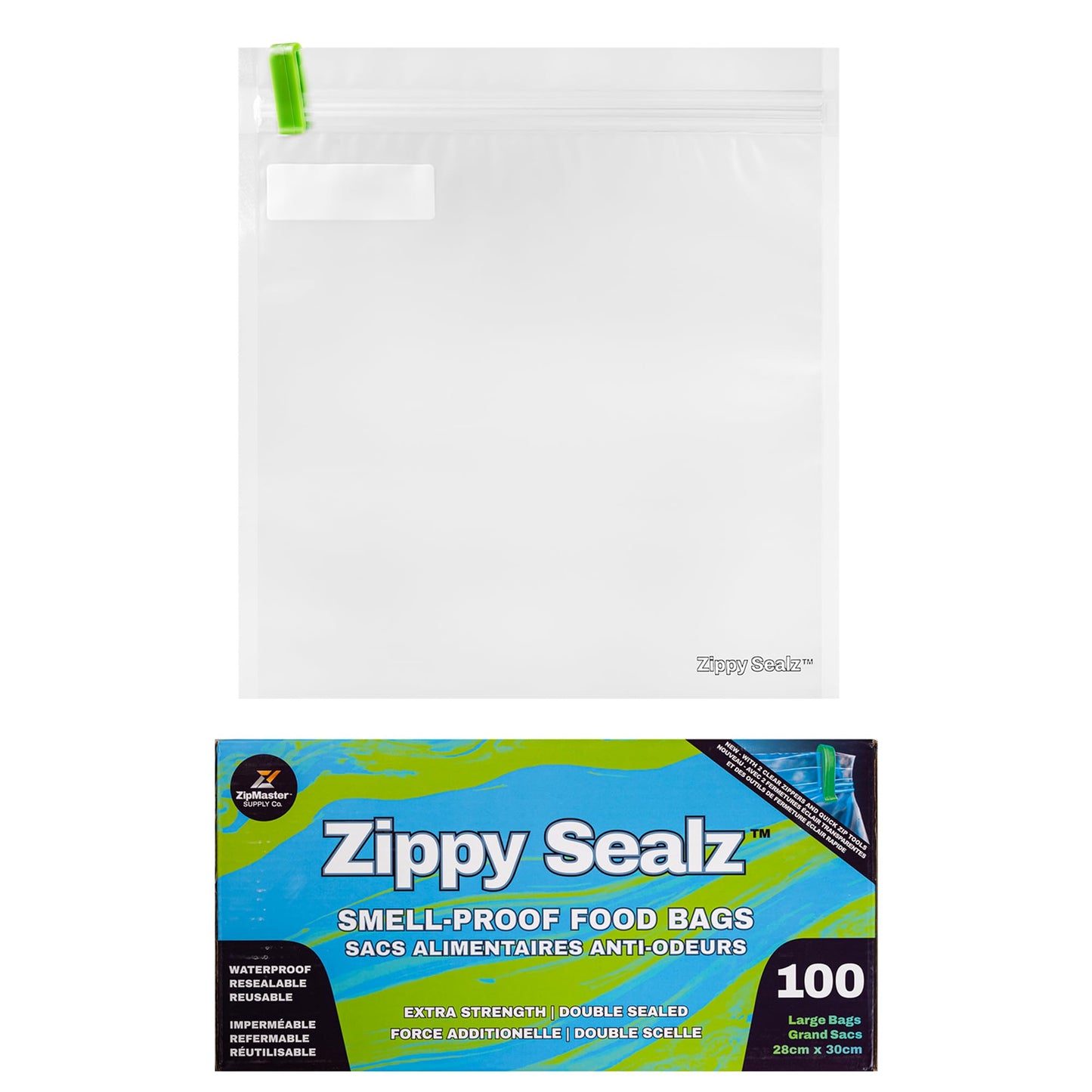 Zippy Sealz V3 1/2 Lb Smell Proof Bags 28x30cm, 100 Pack Double Zipper Reusable Waterproof Floating Ziplock Bags with Quick Zip Tool, Extra Thick 3.5 Mil BPA Free for Herbs, Food & Valuables