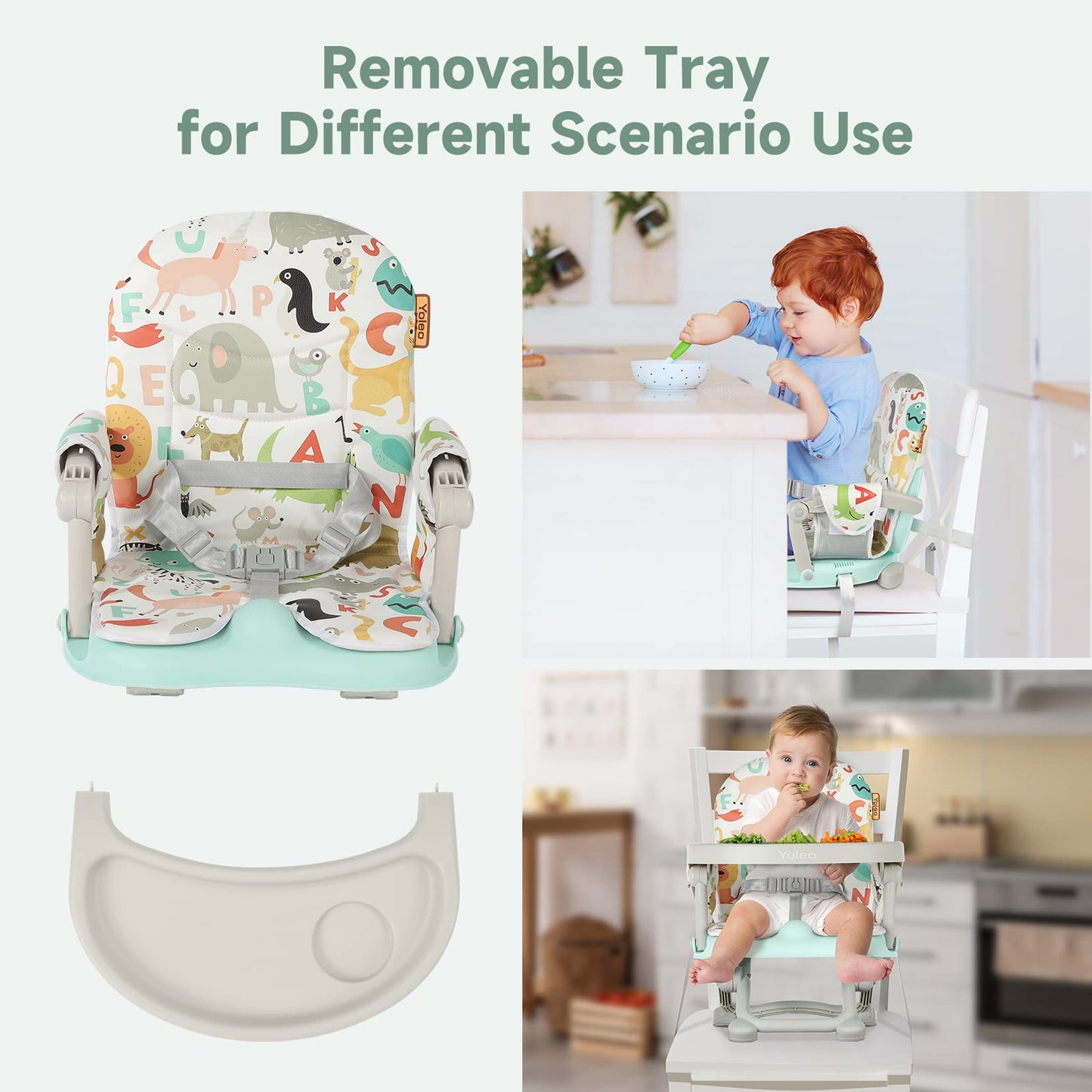 YOLEO Baby Booster Seat for Dining Table with Removable Tray, Adjustable Booster Seat Portable for Baby/Toddler Eating, Foldable Travel Dining Seat and Easy Clean (Green)