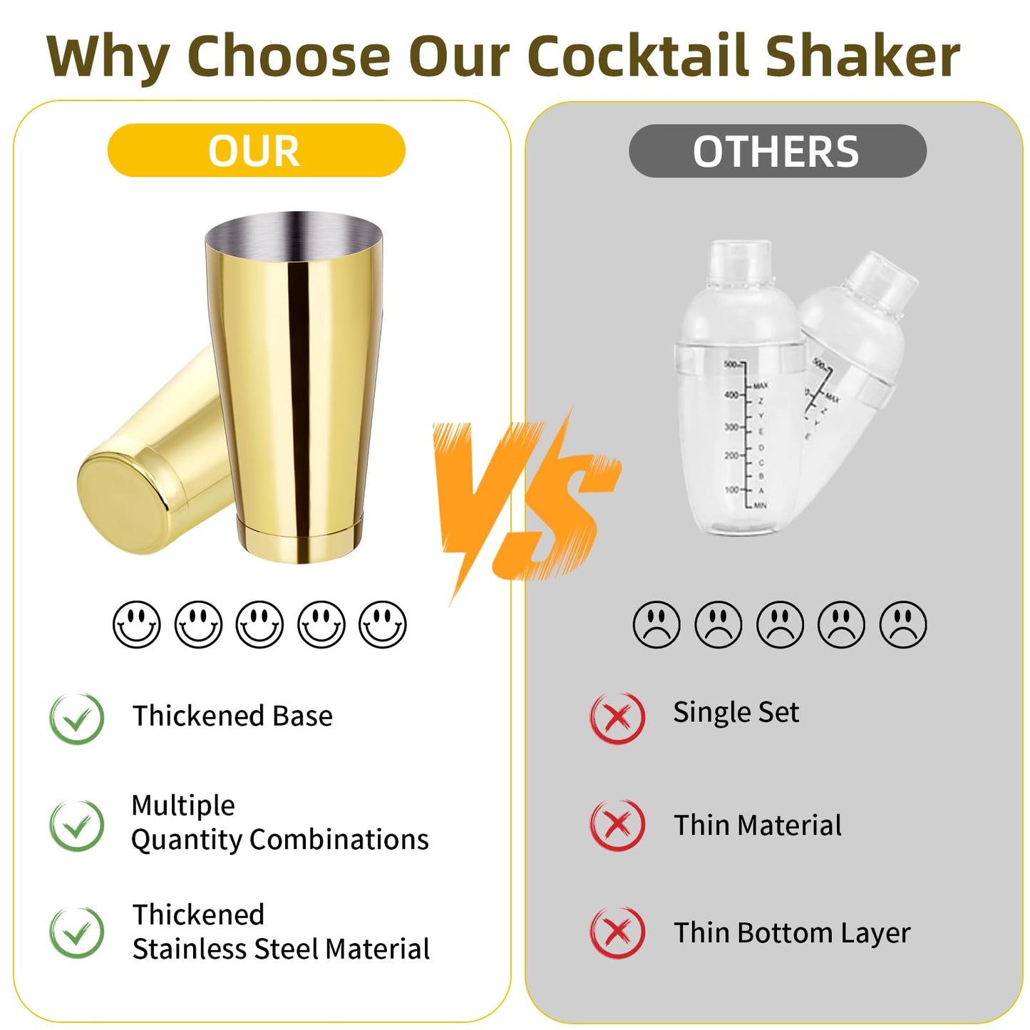 Mwellewm 8 Pcs Cocktail Shaker Boston Shaker Set Professional Bartender Kit Bar Shaker Stainless Steel Drink Bartending Martini Tin with 18oz & 28oz Mixed Alcohol Tool for Beginner(Gold)