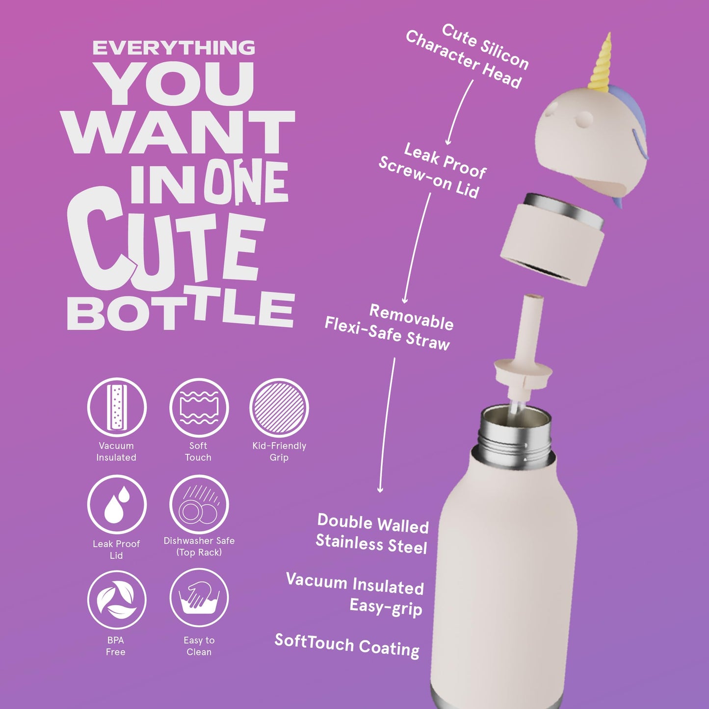 asobu Bestie Bottle Insulated Stainless Steel Water Bottle with Detachable Soft Animal Head Fun Drinking For Kids and Teens with Flexible Reusable Straw 16 Ounce (Unicorn)