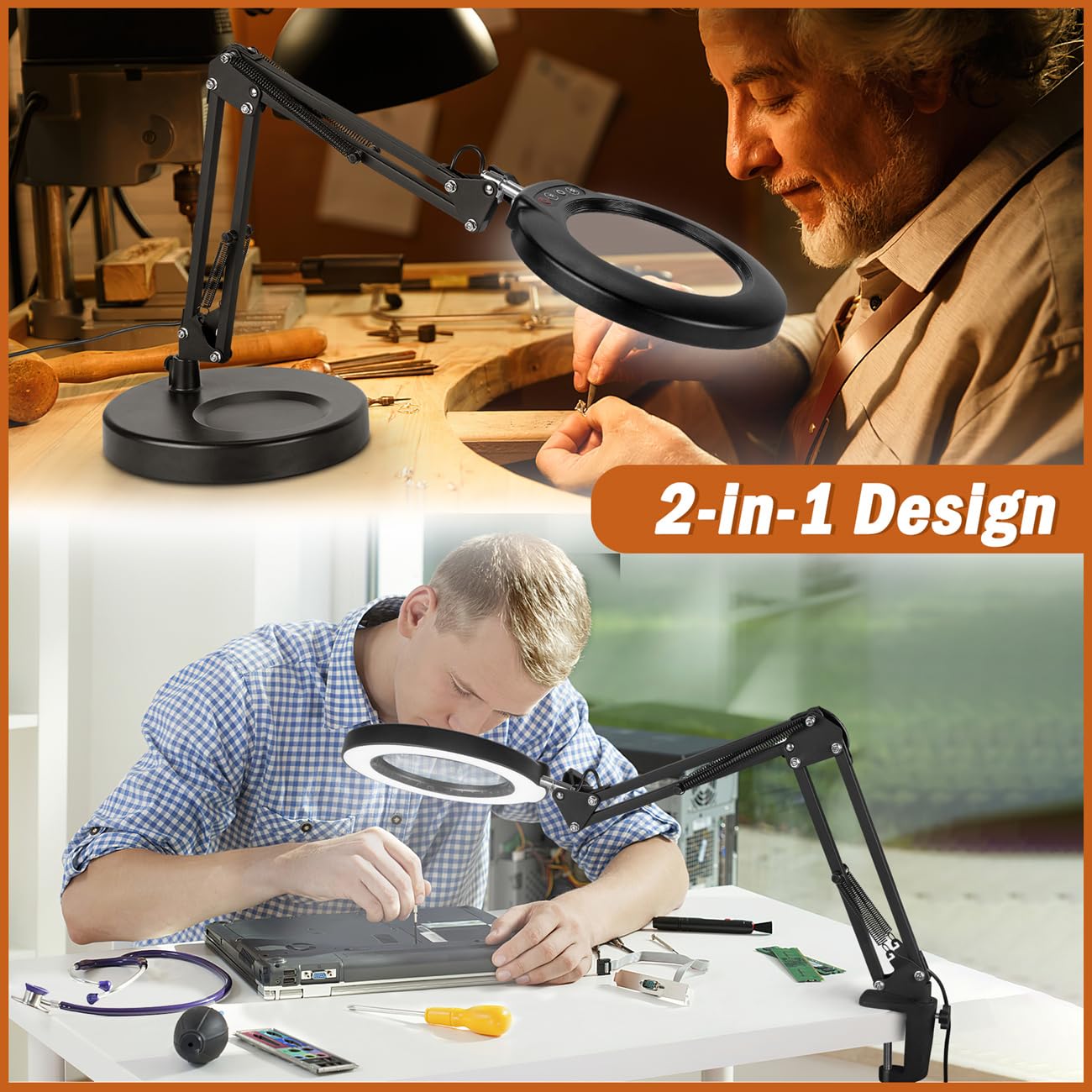 Veemagni 12X Magnifying Glass with Light, 5 Color Modes Stepless Dimmable 2-in-1 Desk Lamp and Clamp, LED Lighted Magnifier with Light and Stand, Hands Free for Craft Repair Hobby Painting Close Work