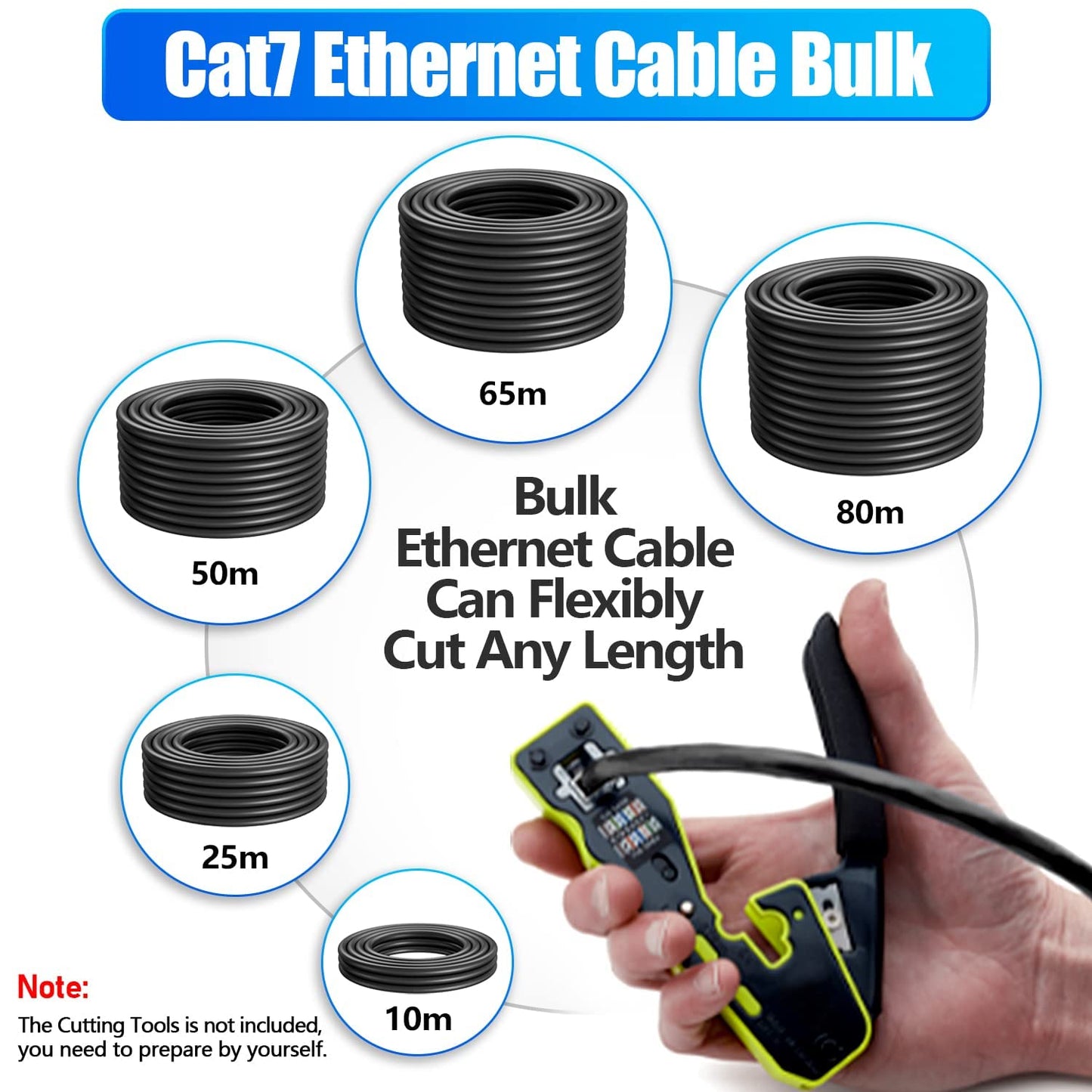 Cat 7 Outdoor Ethernet Cable 200ft Bulk (10RJ45), Cat7 SFTP Triple Shielded Ethernet Cable, High Speed 10Gbps, 24AWG, Waterproof, Direct Burial, UV Resistant Internet Cables 200 ft for Modem Router