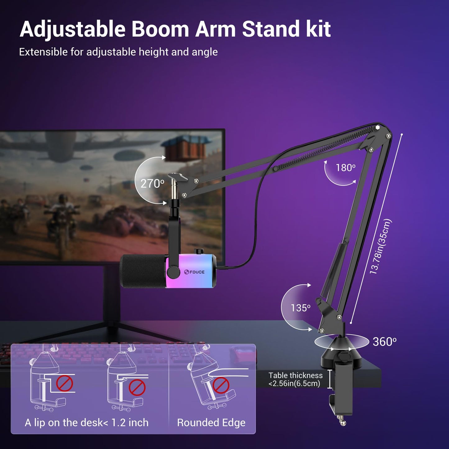 FDUCE USB/XLR Gaming Dynamic Microphone for Podcast Recording, PC Computer Gaming Streaming Vocal Mic with RGB Light, Mute Button, Gain Knob, Headphones Jack, with Boom Arm (D20+)