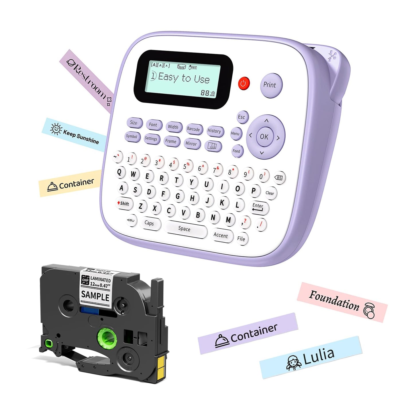 Label Maker Machine with Tape, Purple Label Maker Waterproof Labels, Portable Labeler for Teachers Kids Classroom Use, Desktop Labeler with Multiple Symbols & Fonts for Home Office School Use, D210S